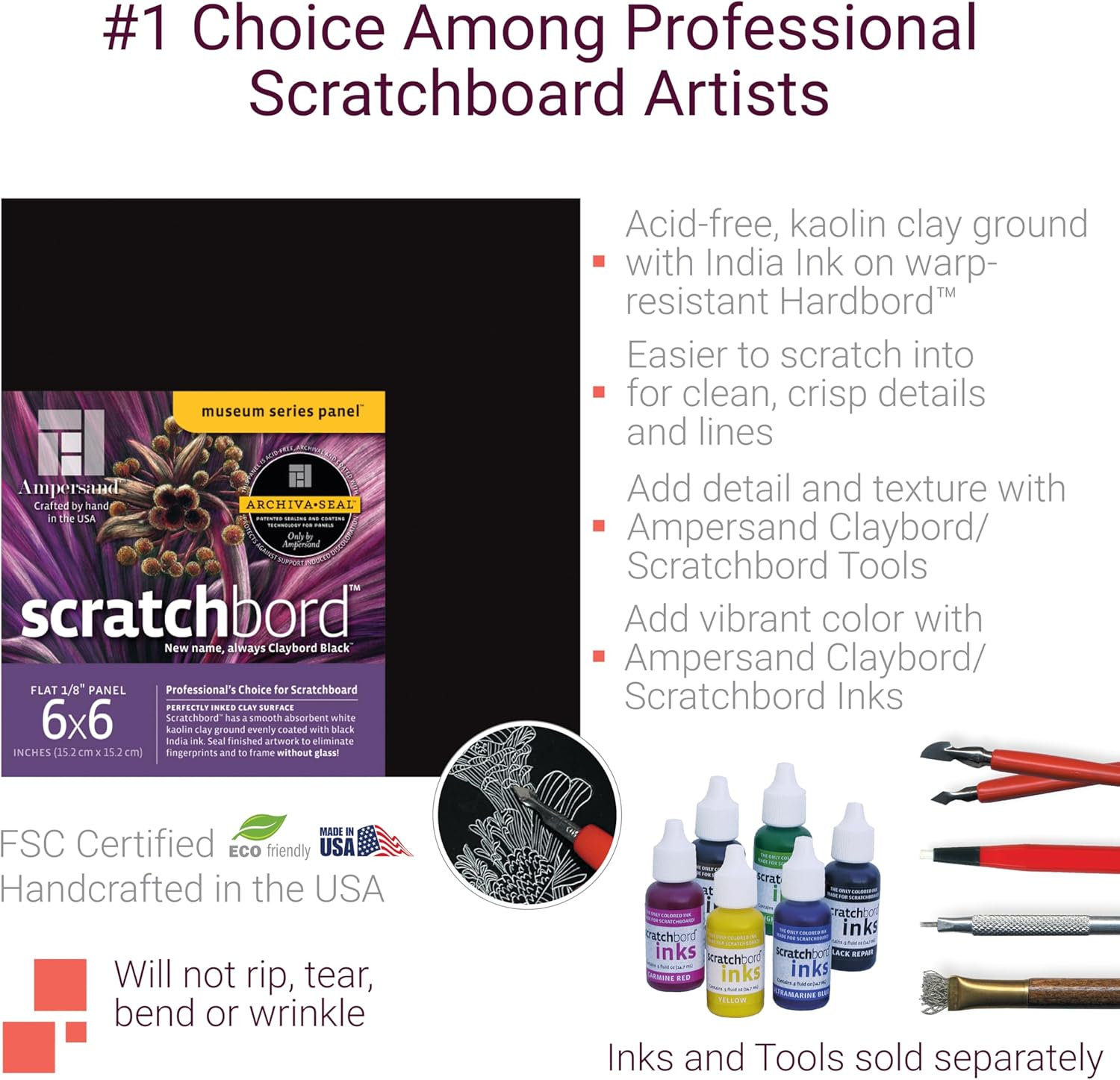 Ampersand Art Supply Scratch Art Panel: Museum Series Scratchbord, 1/8 Inch Flat Profile, 9" X 12" image number 2