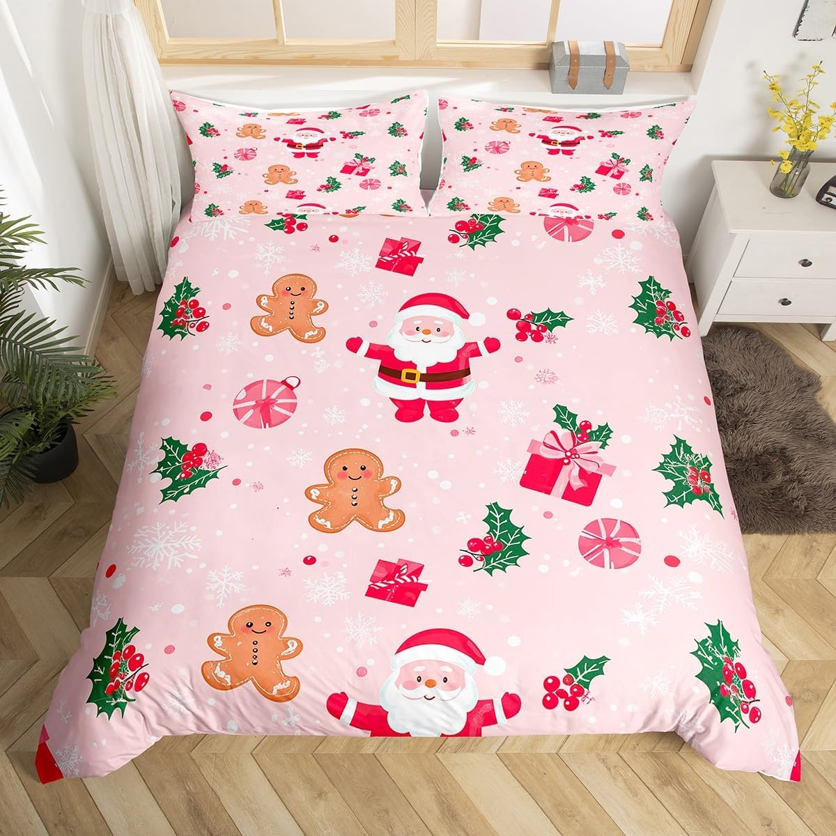 Kawaii Santa Claus Bed Linen Set for Children Girls Teens, Pink Christmas Duvet Cover 155 X 220, Cartoon Cute Gingerbread Man Comforter Cover, Christmas Candy Snowflake Bed Set Xmas Decor