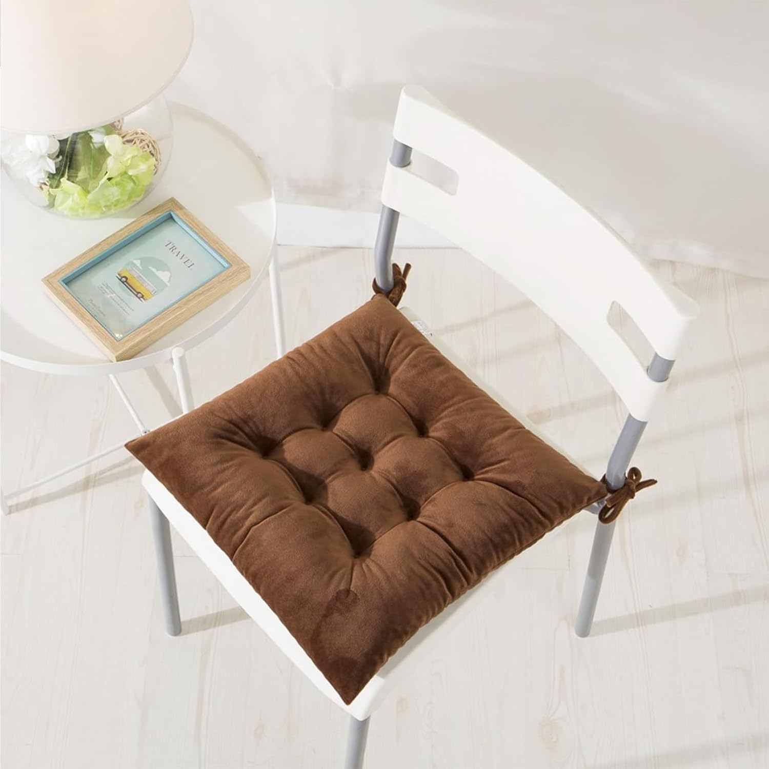 4 Pack Square Seat Cushion Chair Pads for Kitchen Dining Chairs, Soft Comfort Velvet Chair Mat Pillow Cushions with Ties for Office Desk Living Room Tatami 15.5" (Brown) image number 4