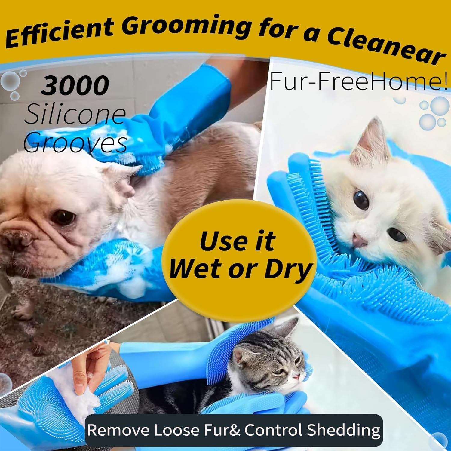 6PCS Pet Grooming Kit, Silicone Pet Bathing Set - Heat Resistant Bathing Gloves with High-Density Teeth, Bath Brush, Toothbrush Finger, Dog Shampoo Brush for Washing, Bathing & Massaging image number 1