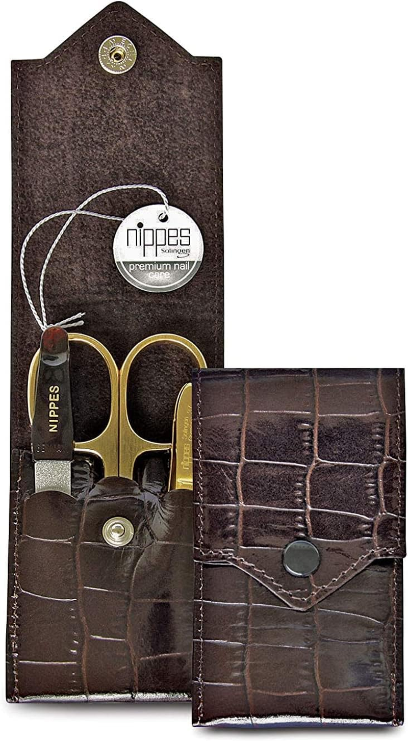Nippes Solingen Premium Line Croco Manicure Set, 3 Pieces, Nickel-Plated and Gold-Plated Nail Care Set, Cowhide Leather Case in Crocodile Design, Manicure Pedicure, Made in Germany image number 1