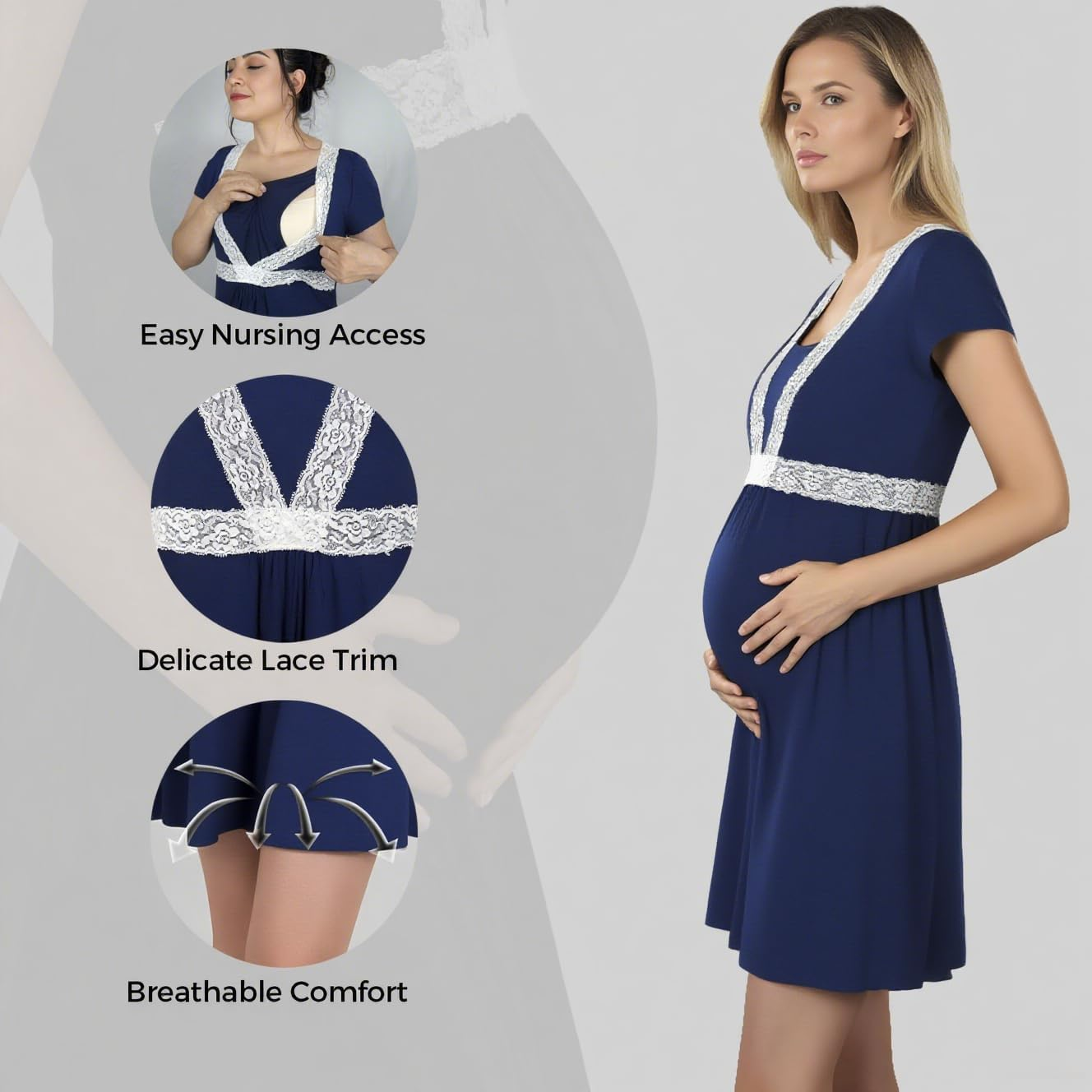 Pregnant Nursing Maternity Lounge Set, Lace Trim Home Sleepwear, Comfortable Casual Nightgown for Expectant and Nursing Moms image number 3