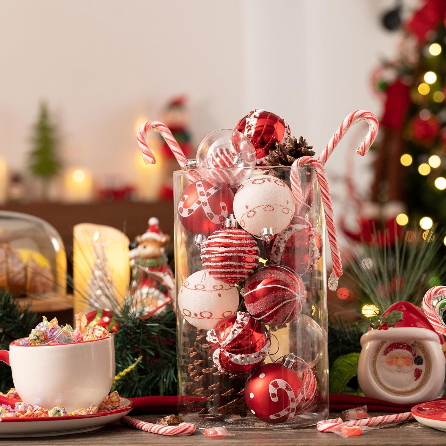 Valery Madelyn Christmas Valentines Ornaments Set, 16Ct Candy Cane Red and White Shatterproof Christmas Ball Ornament Set, 2.36 Inch Assorted Hanging Tree Decoration Bulk for Xmas Holiday Decor image number 5