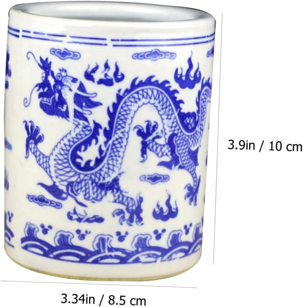 TEHAUX Blue and White Porcelain Pen Holder Ceramic Retro Writing Supply Antique Decor for Desk Storage Box Lid image number 4