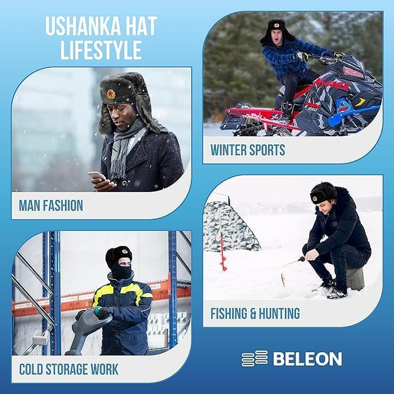 Soviet Style Winter Hat | Faux Fur Ushanka Cossack Hat with Ear Flaps & Decorative Military Pin | Mens Russian Trapper Ski Hat Perfect for Long, Cold Winter Nights One Size-58/60Cm image number 5