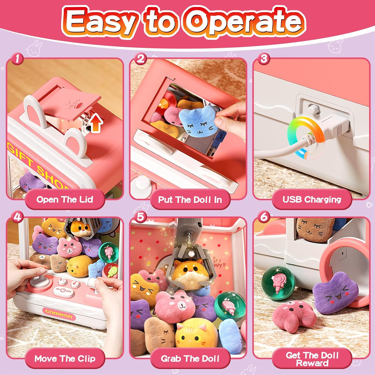 Kids Claw Machine, Mini Candy Vending Grabber, Prize Dispenser Toys for Girls and Boys, Electronic Claw Game Machine for Party Birthdays with Lights Sound, Includes 20 Plush and 10 Mini Toys image number 6