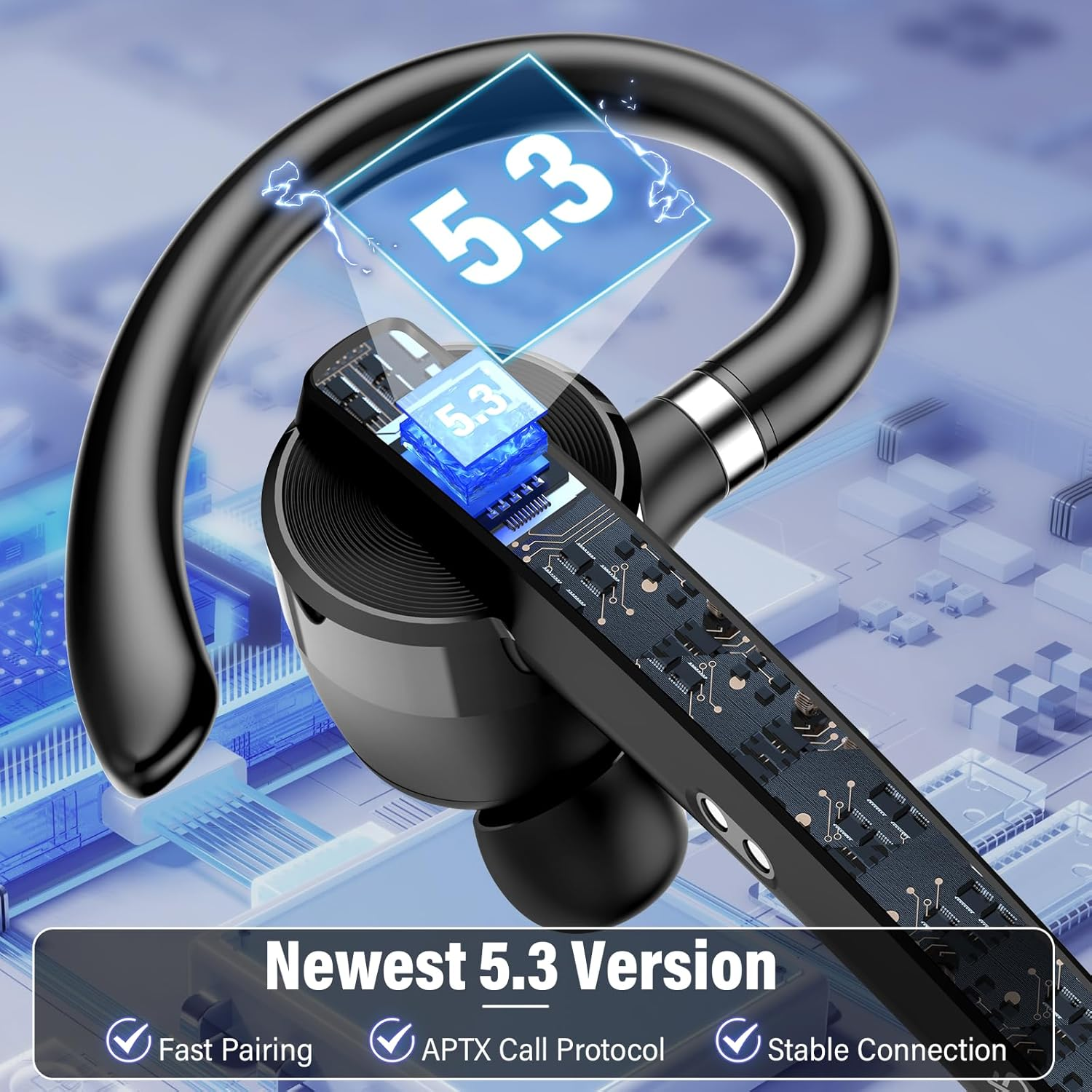Bluetooth Headset V5.3, Wireless Hands-Free Phone with CVC 8.0/ENC Dual Mic, APTX, Mute Two Device Connection Headset Mobile Phone, 90 Hours Playtime Bluetooth Earphones with Charging Box for Business image number 1