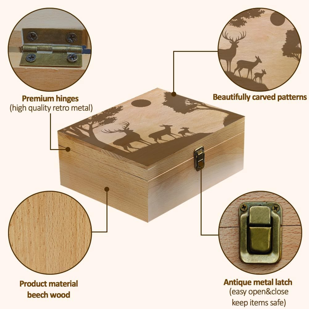 Arricraft Wooden Memory Box a Family of Three Deers in the Forest with the Sun Storage Decoration Wooden Box for Photos Dvds Letters Capacity 24.5 X 19.5 X 10.3 Cm image number 3