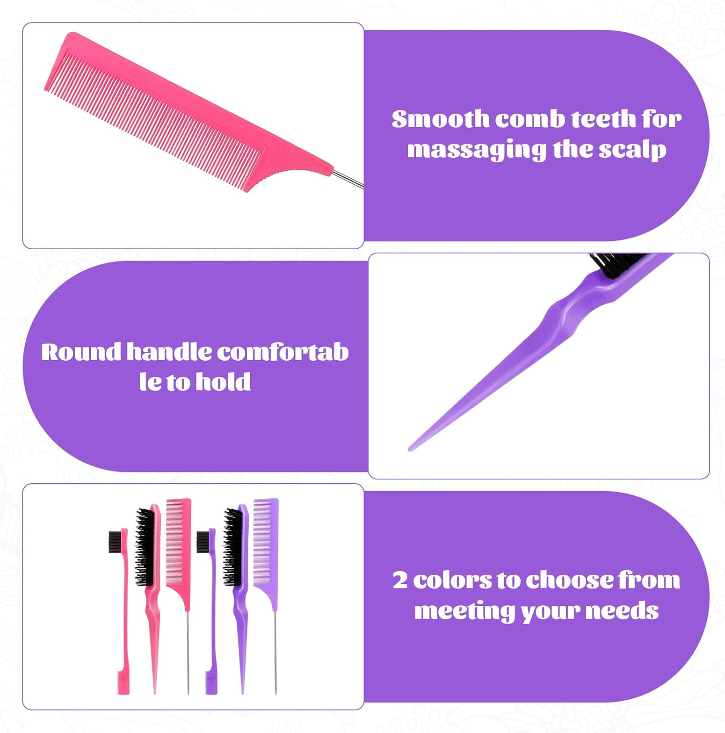 Slick Back Brush, 6 Pcs Slick Brush Set, Slick Hair Brush, Bristle Hair Brush, Rat Tail Comb, Edge Brush, Hair Styling Tools for Women Parting Comb Styling Tools & Appliances (Pink & Purple) image number 2