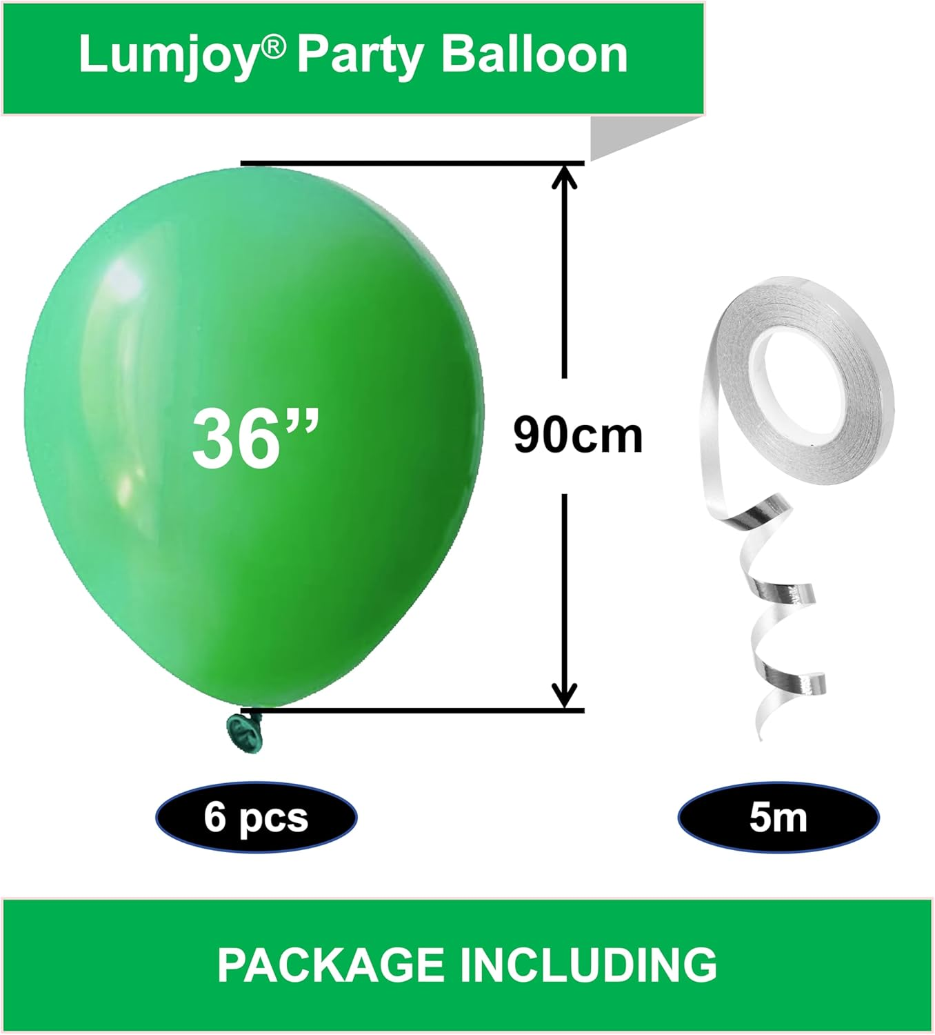 Lumjoy Large Balloons 6Pack 36 Inch Giant Green Latex Balloons with 5M Silver Ribbon, Jumbo Party Balloons for Jungle Theme Birthday Decor, Photo Backdrop & Festival image number 4
