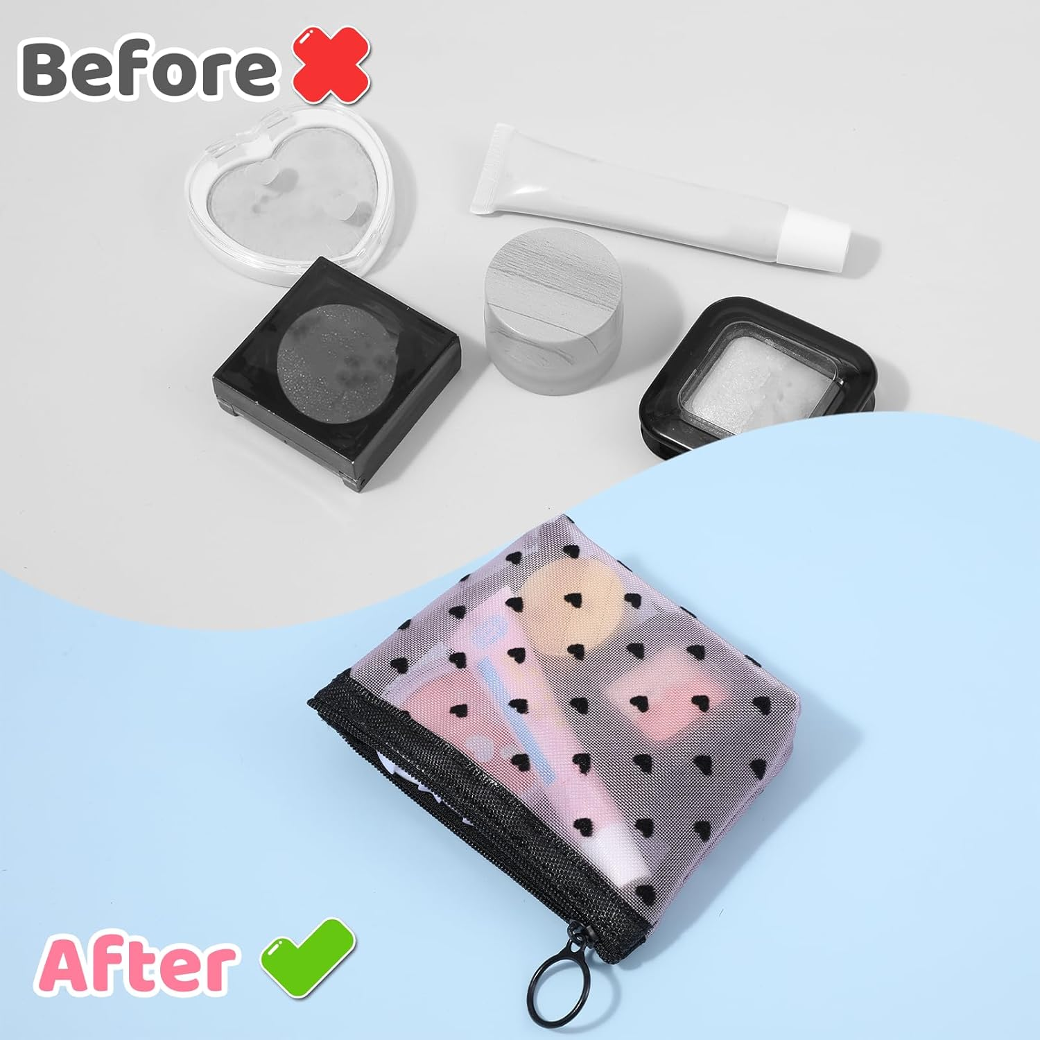 Guduling 4Pcs Mesh Makeup Bag with Zipper, Mini Mesh Pouch, Grid Cosmetic Bag, Heart Print Mini Zipper Cosmetic Bags for Travel and Storage (Pink, Beige, Black, White)