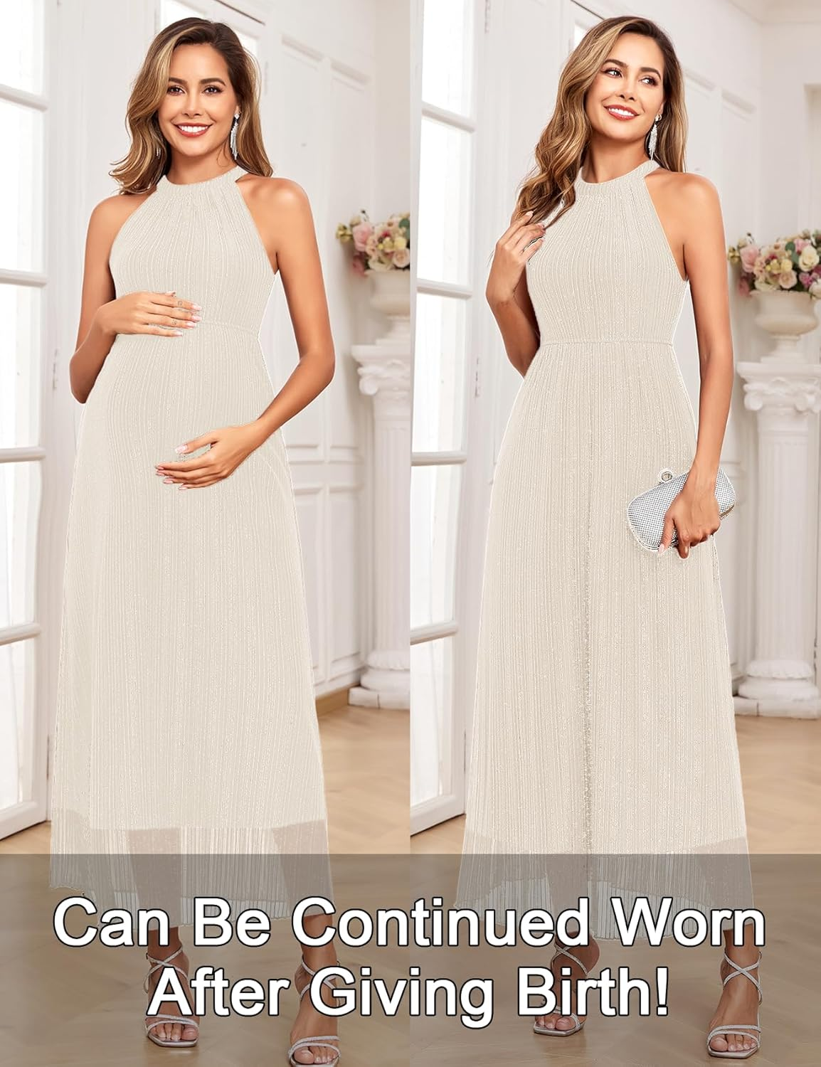 Maternity Sparkly Mesh Dress Halter Neck Sleeveless a Line Pregnancy Dresses Semi Formal Baby Shower Photoshoot image number 3
