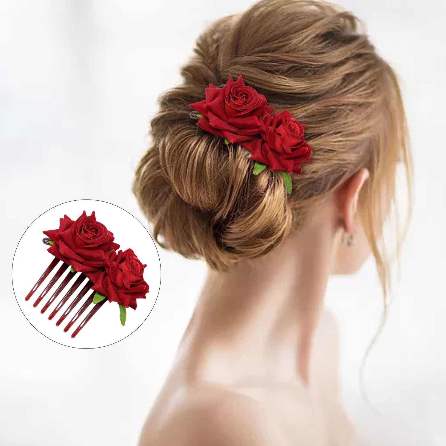 Honbay 2PCS Rose Flower Hair Side Combs 7 Teeth Floral Twist Combs Decorative Flower Hairpin Hair Accessories for Women image number 4