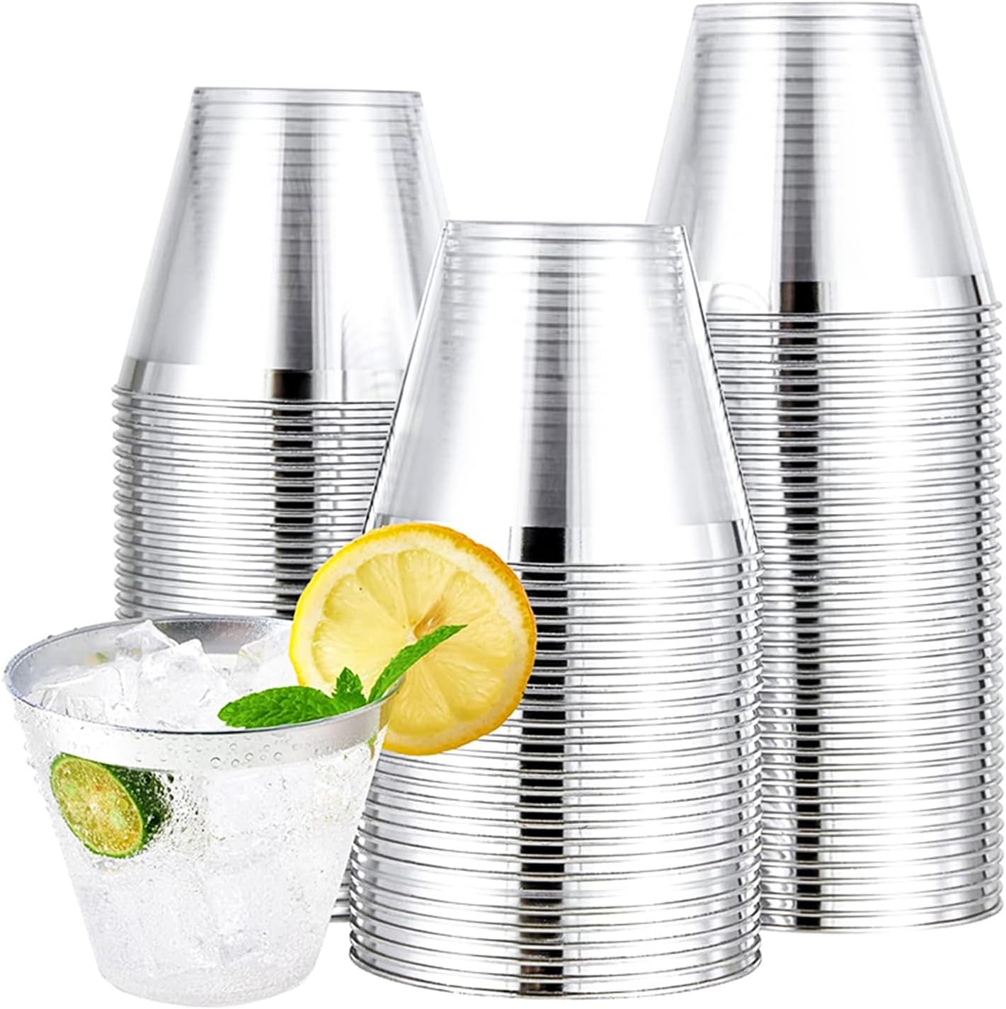 100 Pcs Plastic Cups,Reusable Drinking Cups with Silver Trim,270 Ml Elegant Party Wine Glasses Tumblers Shot Cups Party Cups Plastic for Home Decoration Party Wedding Birthday Camping(9 OZ)