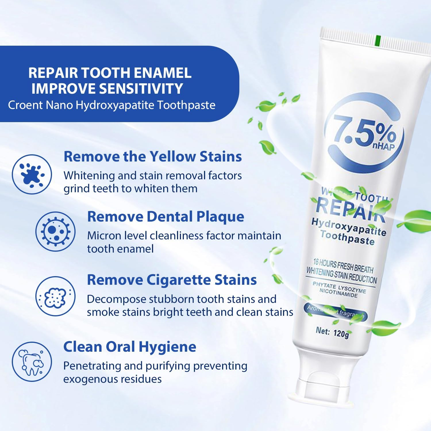 2Pcs Hydroxyapatite Toothpaste, 7.5% Nano Hydroxyapatite Toothpastes, Fluoride Free, Tooth Strengthening, Enamel Protection, Mild and Refreshing, Suitable for Sensitive Teeth, 4.23Oz, Blue and Gray image number 3