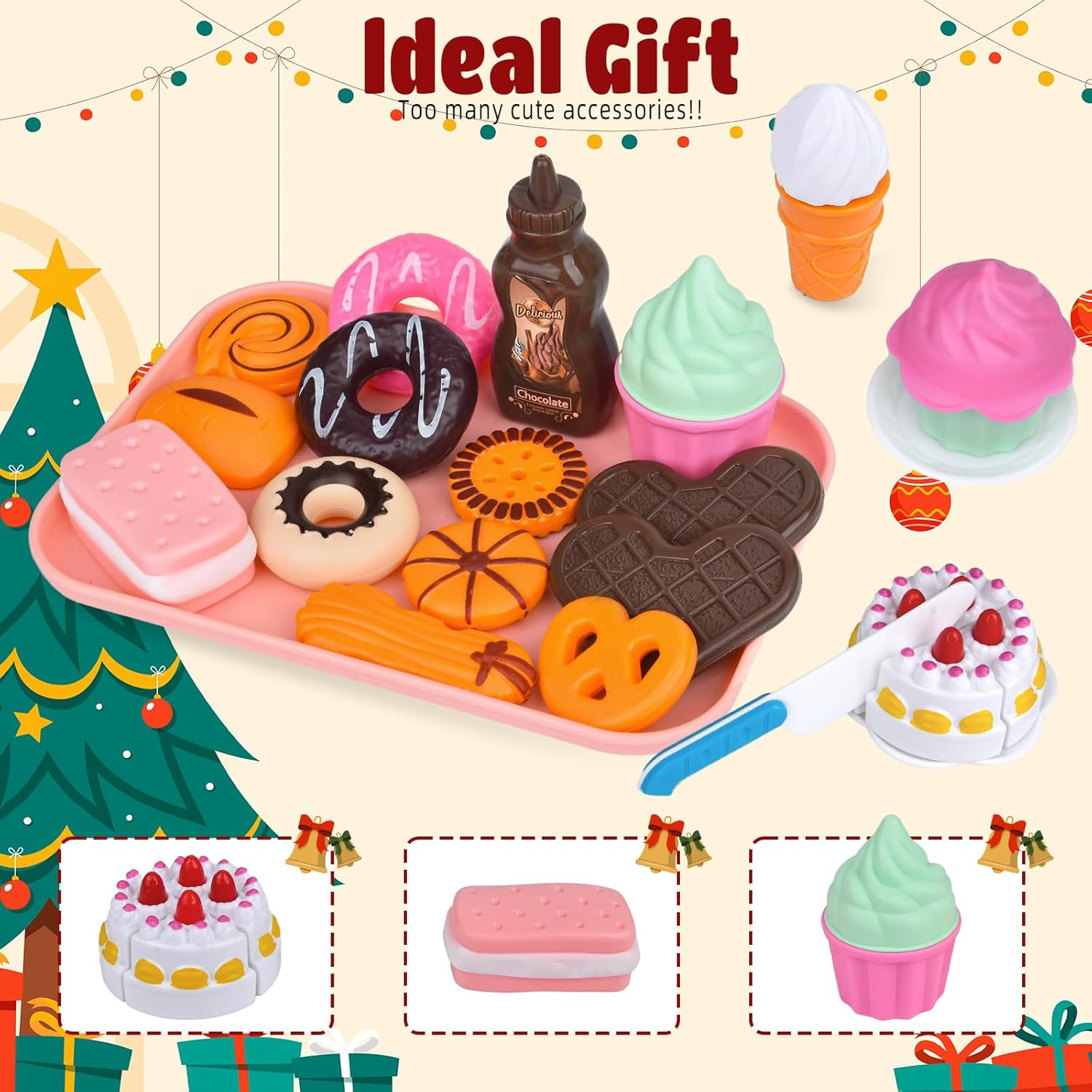 Pretend Food Set for Kids, 21PCS Dessert Toys with Cake, Ice Cream, Cookies & More, Perfect for Toddler Girls Aged 3 and Above image number 5