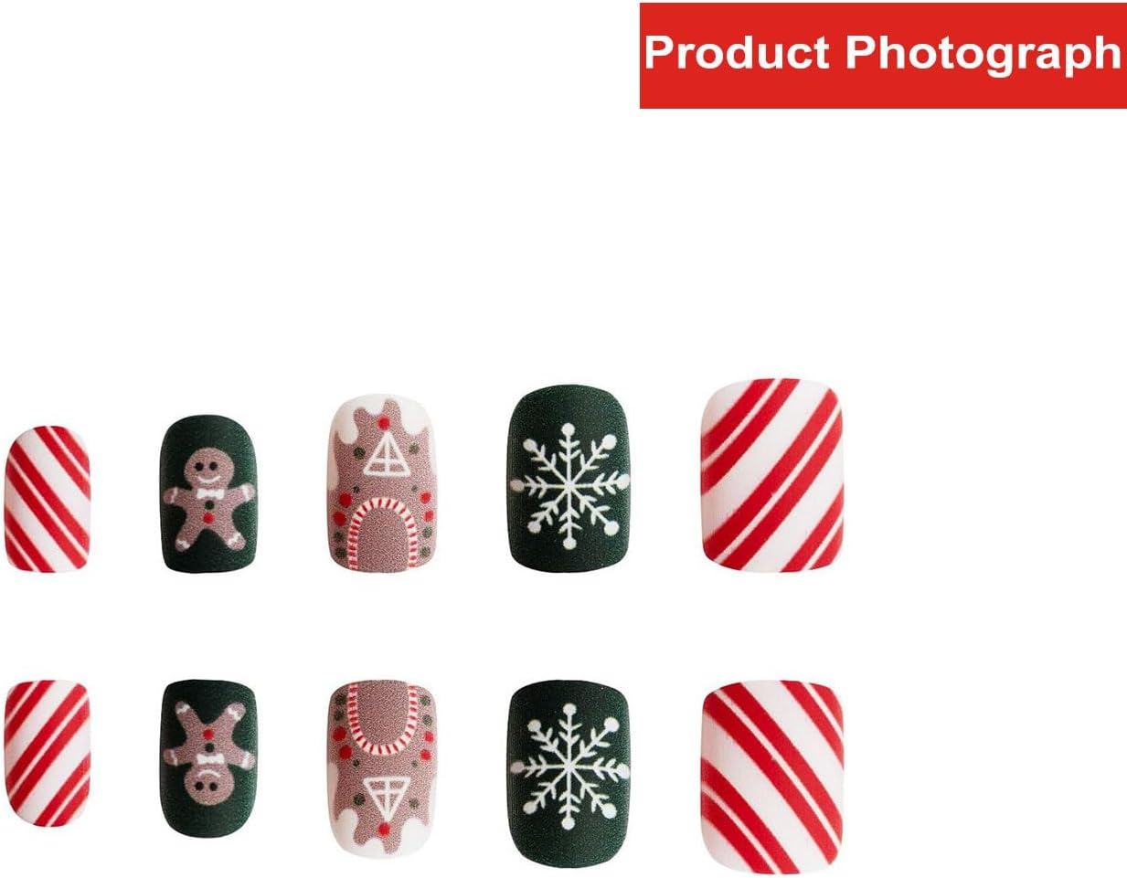 24PCS Christmas Press on Nails,Cute Short Square Xmas False Nails,Funny Fake Nails with Gingerbread Man and Snowflakes Design,Unique Glossy Manicure for Women or Girls - Fqx-Xmax-10 image number 2