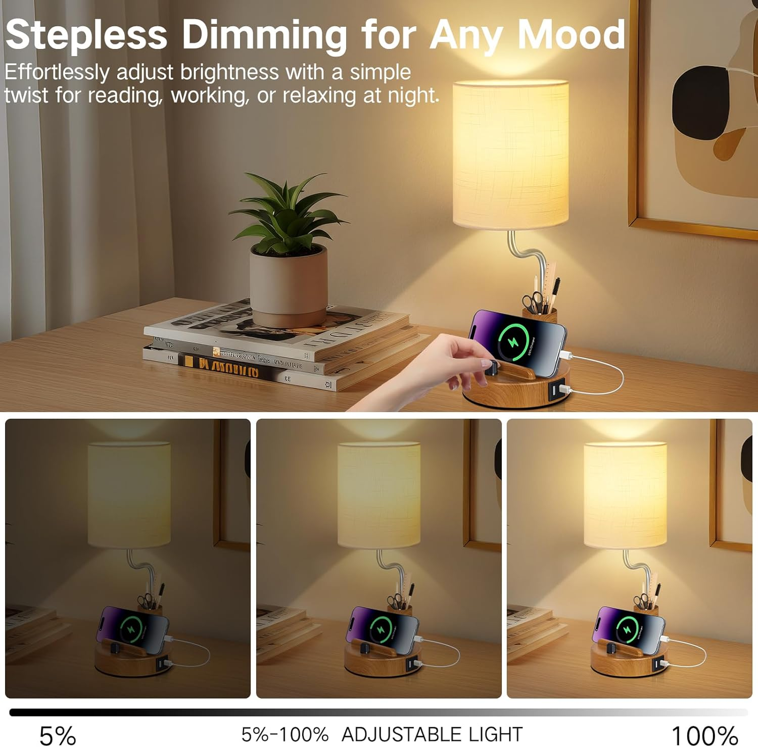 OUTON Bedside Table Lamps &ndash; Stepless Dimmable Nightstand Light with Linen Shade, USB-A & USB-C Ports, Phone Stand & Pen Holder, 2700K Warm LED Bulb Included, for Bedroom, Dorm, Office, Wood image number 6