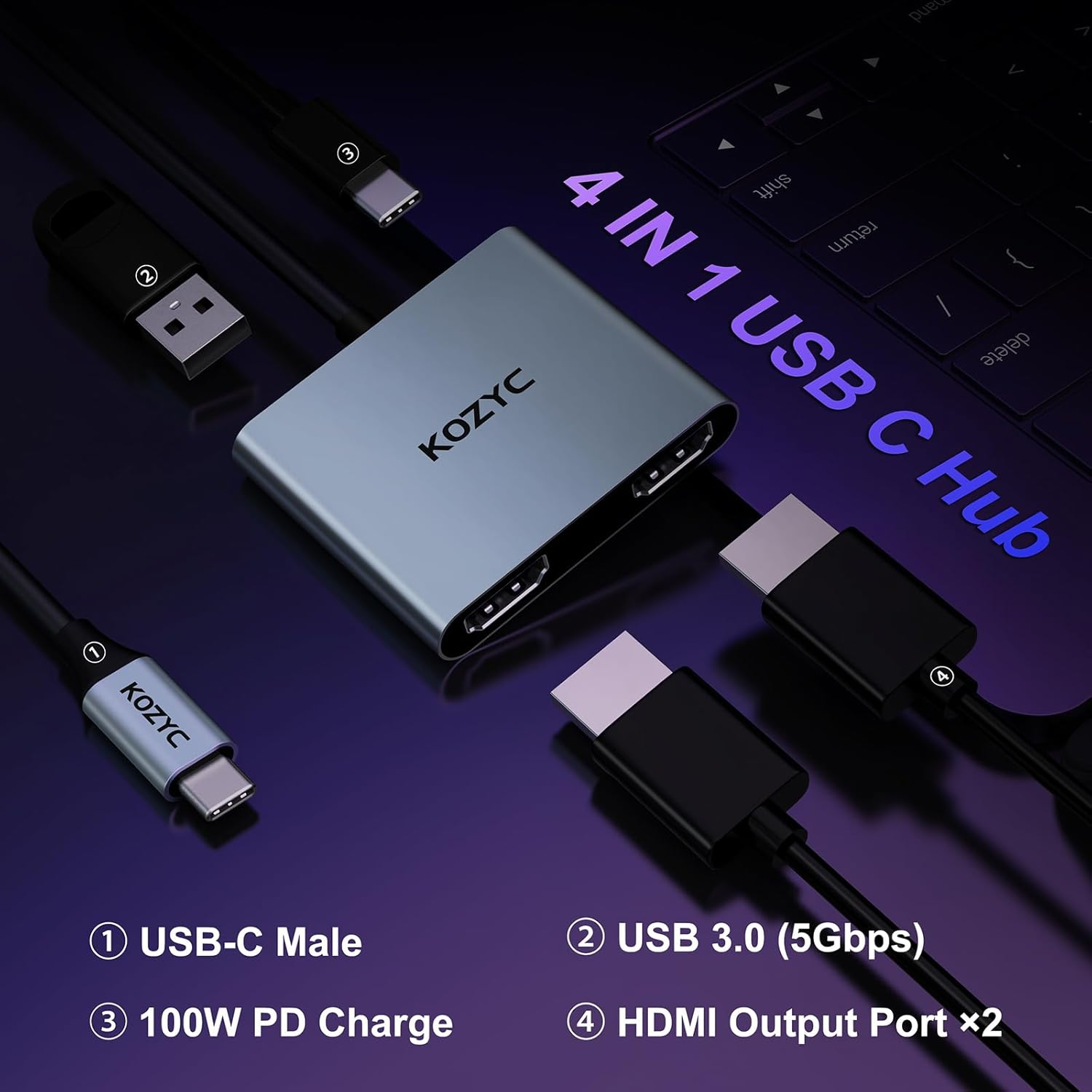 USB C to Dual HDMI Adapter 4K@30Hz, KOZYC USB C Hub with 2Xhdmi, USB 3.0, 100W PD, USB-C to HDMI Splitter Extended Display for Windows(Mst), Macos(Only SST), Compatible with Macbook Pro/Air, Dell XPS image number 4