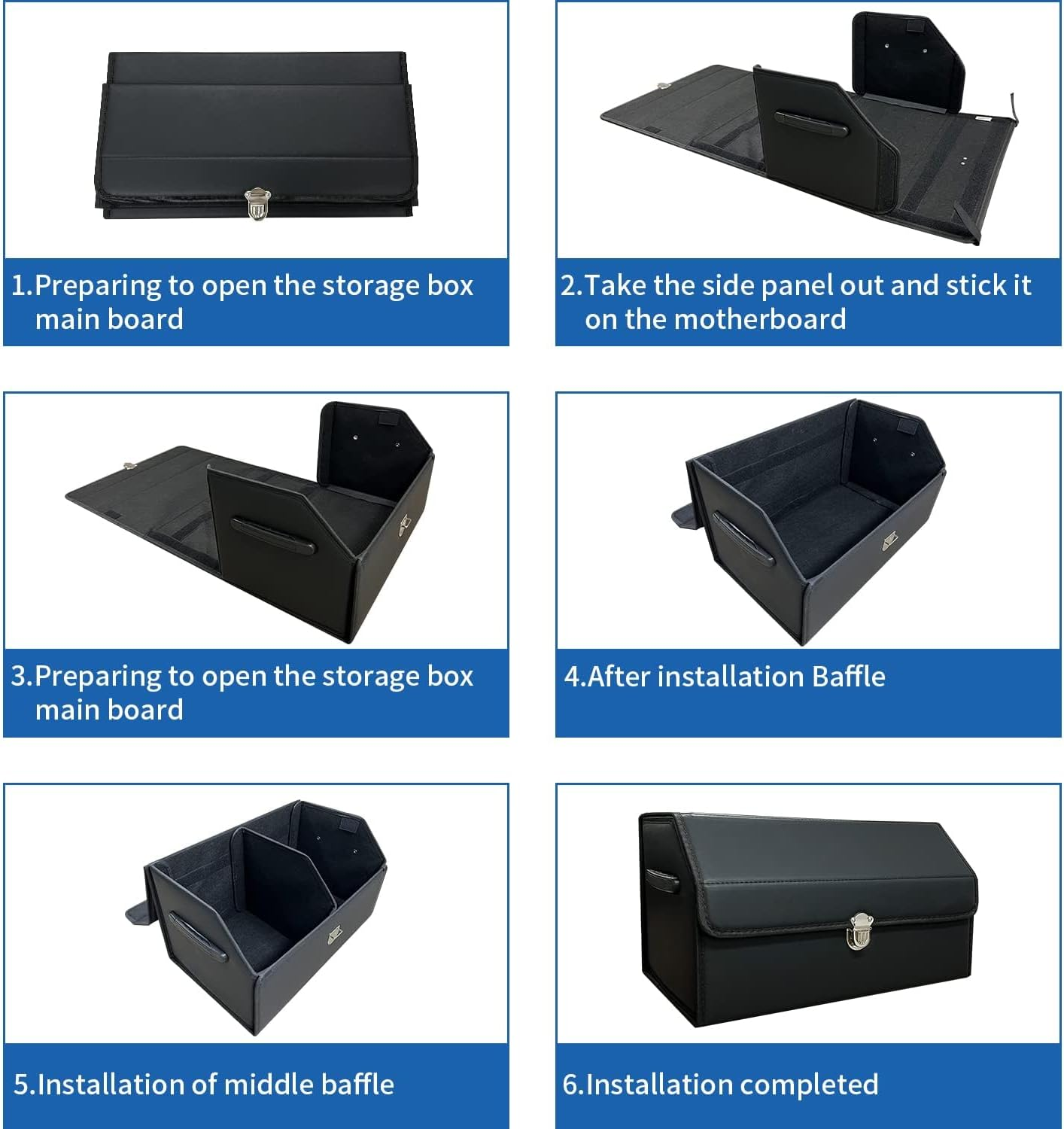 Trunk Organizers for Car, Boot Organizer for Suvs, Leather Storage Box for Sedan, Button Lid, Collapsible Adjustable Compartment Boot Tidy Organizer Accessories for Sedan Pickup Truck RV (Black) image number 5