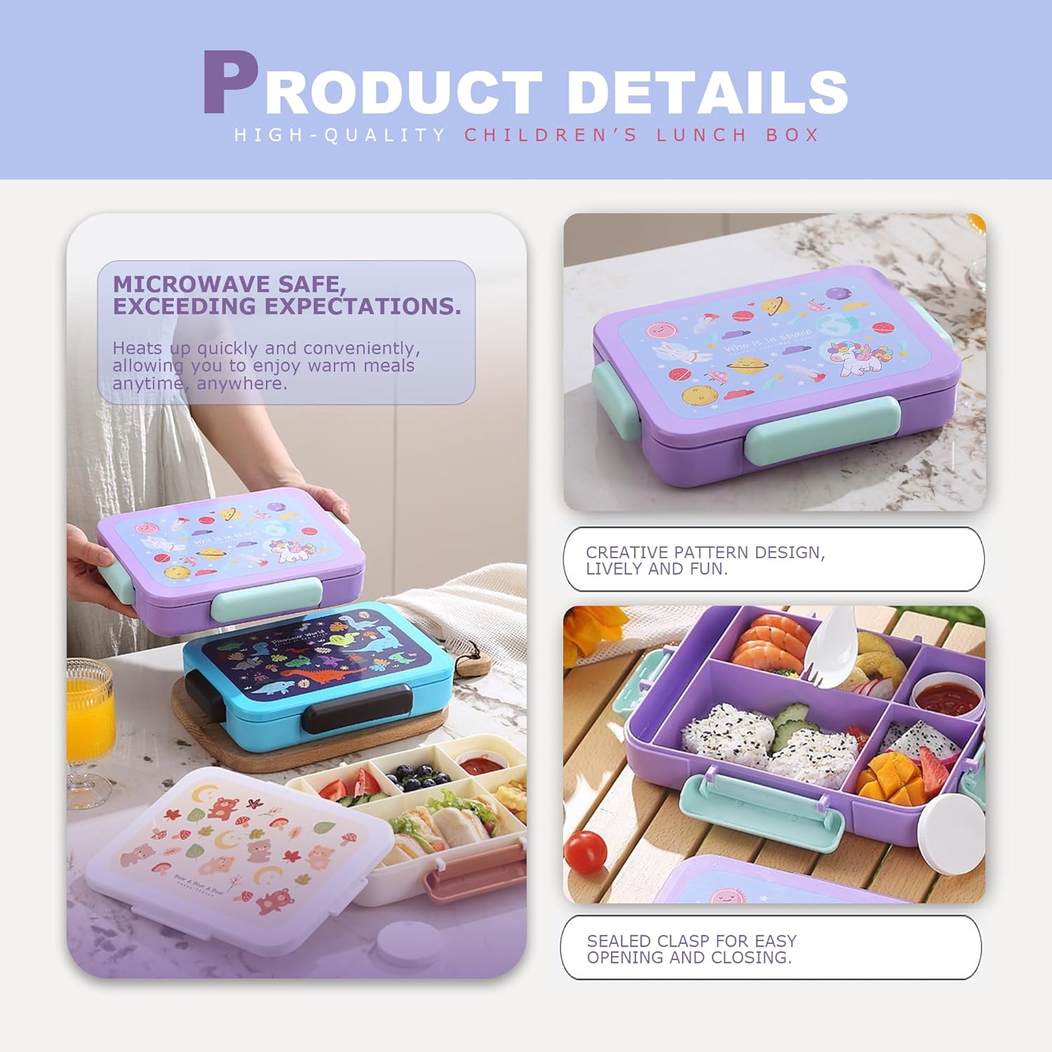 STRONGBERRY Kids Lunch Box, Healthy and Microwave - Safe, Dinosaur Parade, Purple Unicorn, Brown Bear Designs (Purple Unicorn) image number 2