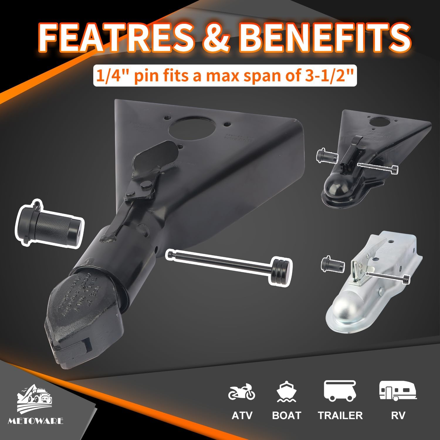 METOWARE Trailer Tongue Coupler Lock 1/4" Dia, 3-1/2" Span, Trailer Hitch Lock for Latch-Type Coupler, Black Trailer Pin Lock for Towing Trailer RV Car Boat Truck (2 Pack) image number 3