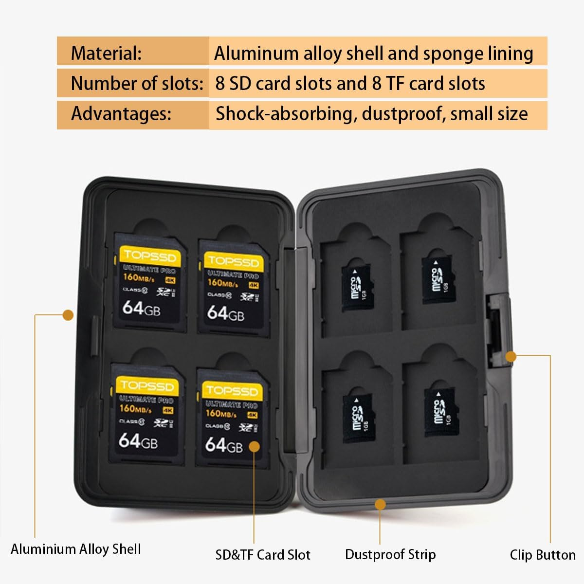 16 Slots Memory Card Holder, Shock Resistant Portable Aluminum Alloy Hard Shell TF Memory Card Holder Organizer Case Storage for 8 SD Cards and 8 TF Cards, Silver image number 3