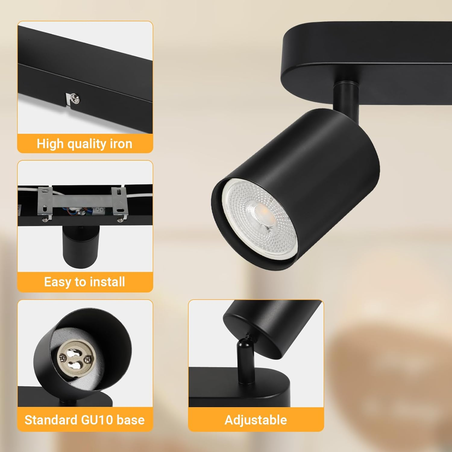 Dehobo GU10 Adjustable Ceiling Spotlight &ndash; 3 Spots LED Ceiling Light &ndash; Black &ndash; Modern LED Interior Ceiling Light for Kitchen, Living Room, Bedroom, without Bulb image number 1