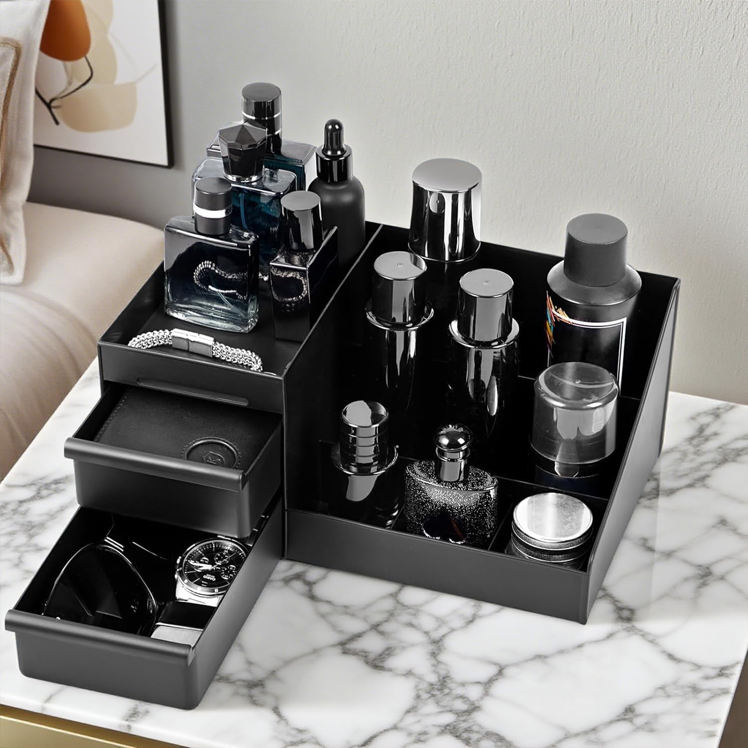 Omiention Perfume Display Stand, Black Countertop Organiser with Drawers, Fragrance and Accessories Storage Rack, 30 X 25 X 15 Cm image number 3