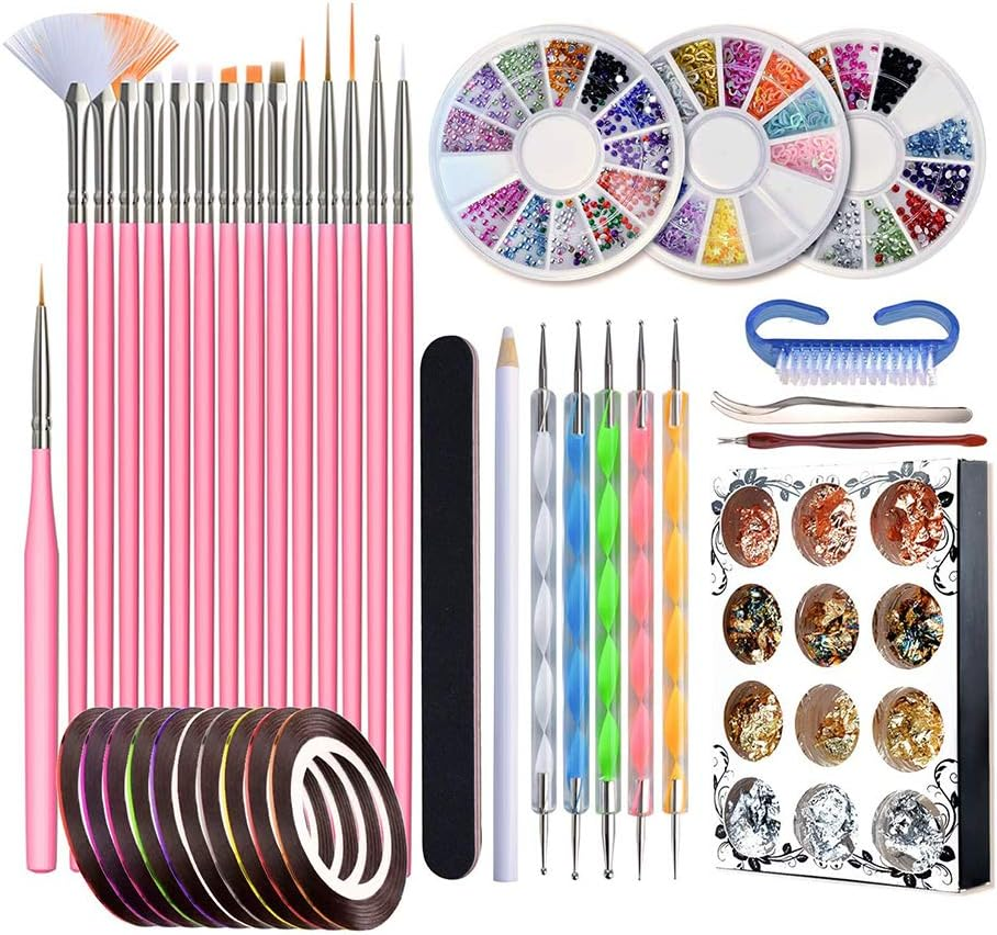 Nail Art Kit 50 Pieces Nail Design Tools Nail Dotting Tool Nail Foil Nail Striping Tapes and Rhinestones Crystals image number 1