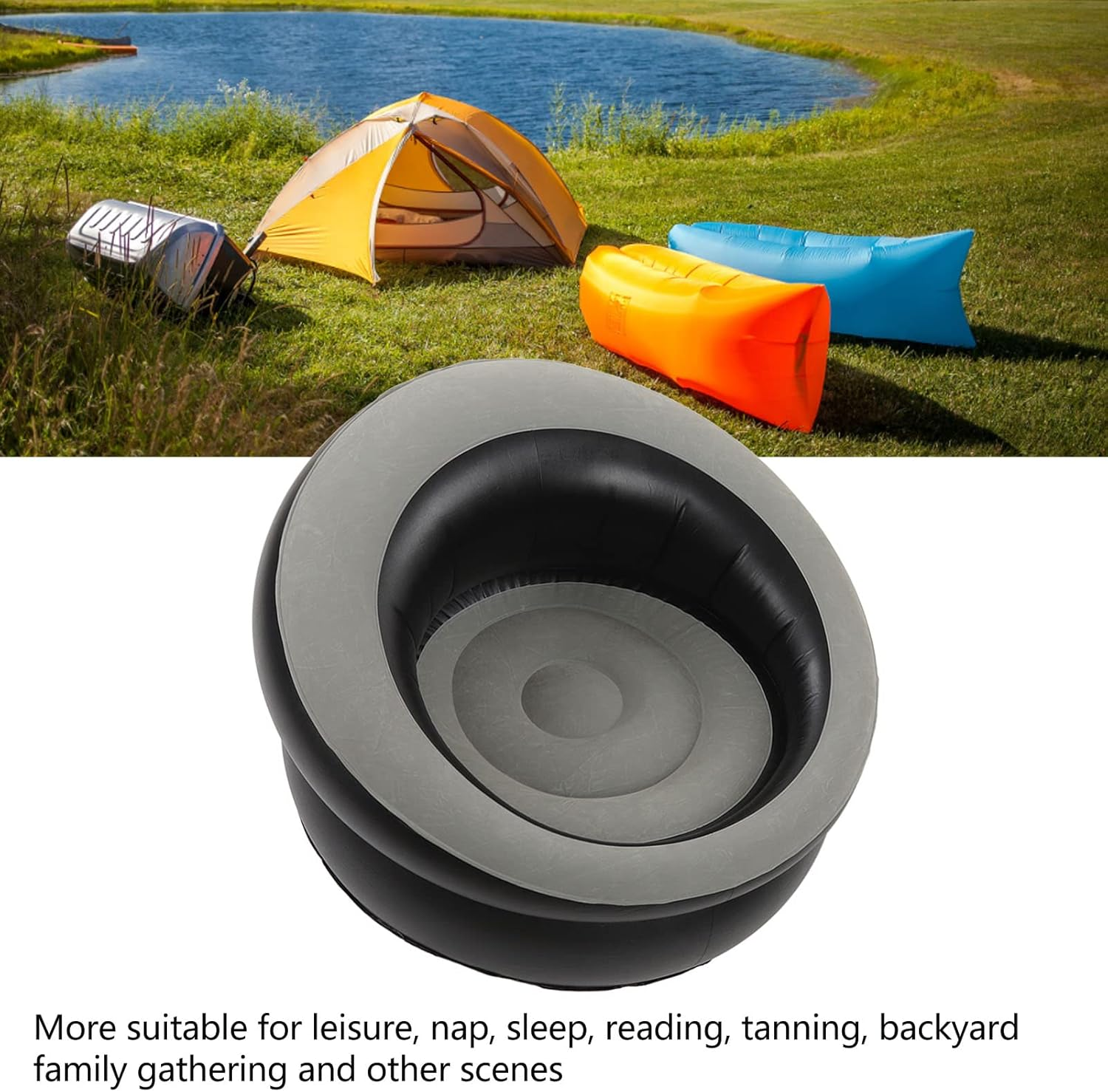 Inflatable Couch, Inflatable Lounge Chair, Foldable Flocking Air Sofa Inflatable Chair, Outdoor Lazy Sofa Couch Beanless Bag Chair, Portable Couch for Hiking, Camping & Picnic (Grey) image number 5