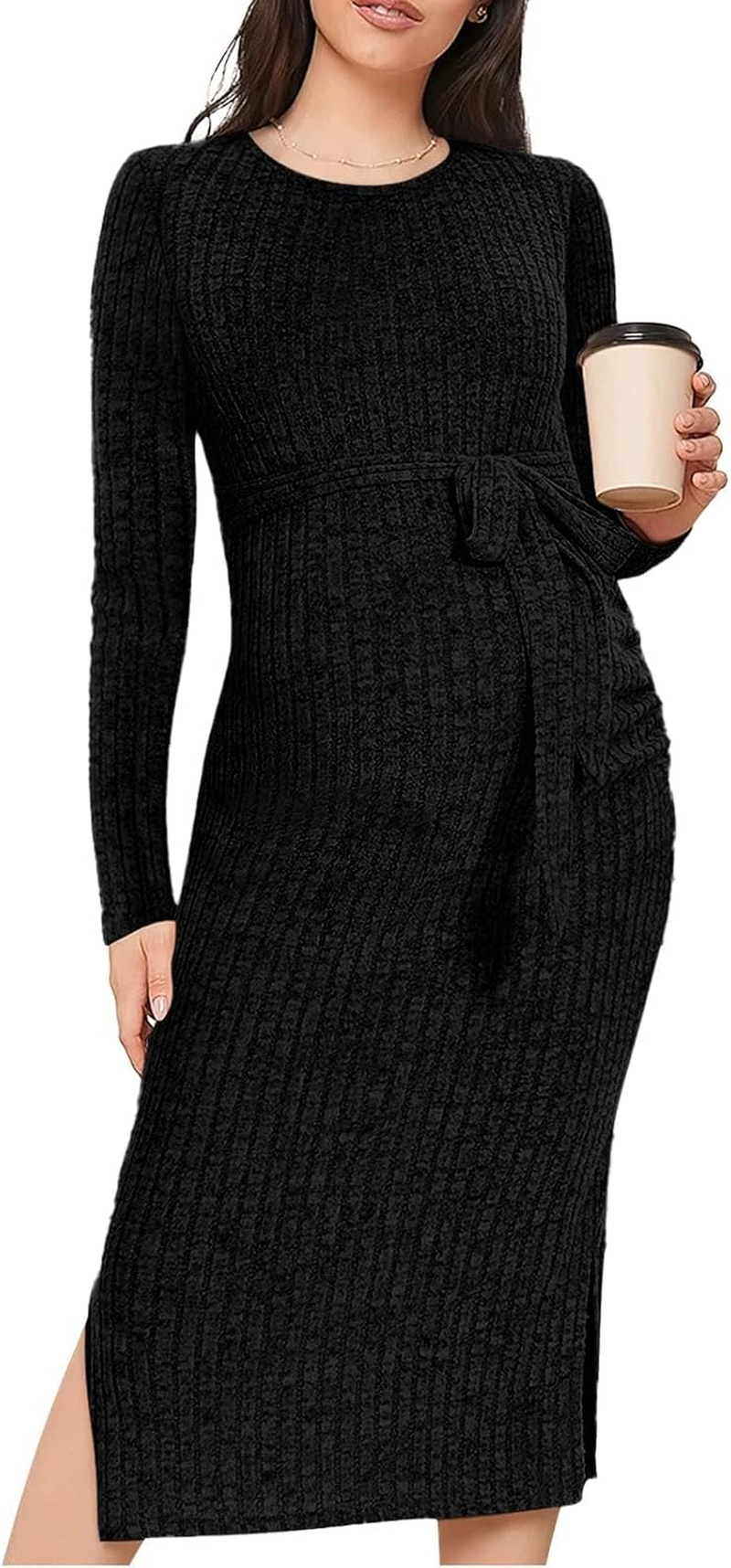 Guruixu Crewneck Maternity Sweater Dress Rib Knit Long Sleeve Photoshoot Baby Shower Dresses Slit Pregnancy Clothes with Belt