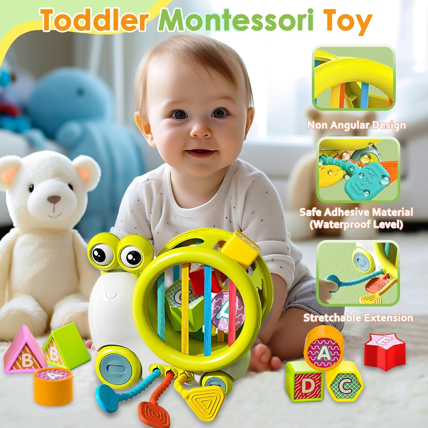 Caunedy Snail Activity Cube, Montessori Toy Sensory and Educational Toddler Toys with Shape Sorter and Pull String, Education Cube for Baby Plane Travel,Gift for Boy and Girl 1 2 3 Year Old image number 3