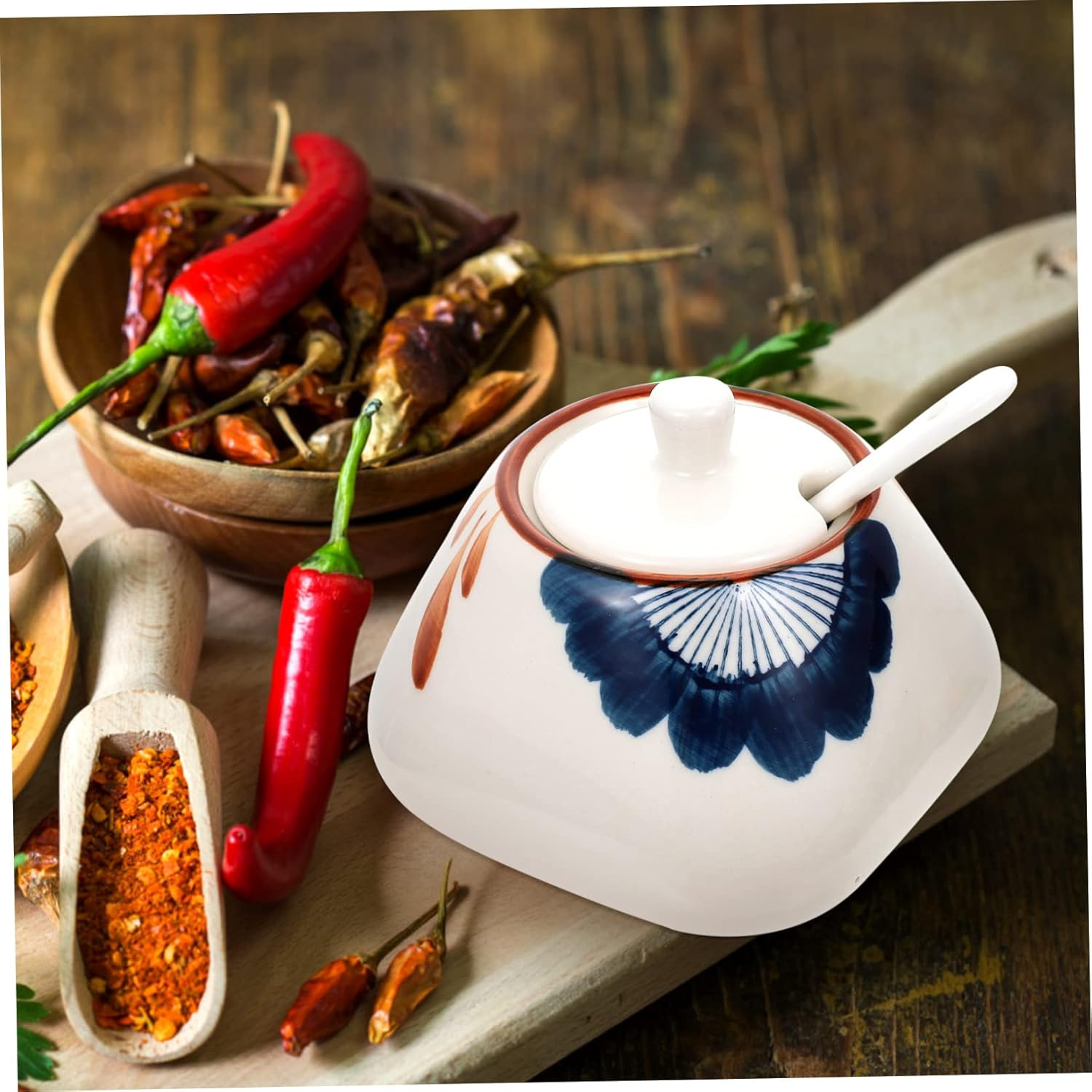 HAKIDZEL Ceramic Storage Jar and Sauce Canister 300Ml Japanese Style Porcelain with Spoon Sturdy Kitchen Condiment Container for Home Cooking and Dining image number 6