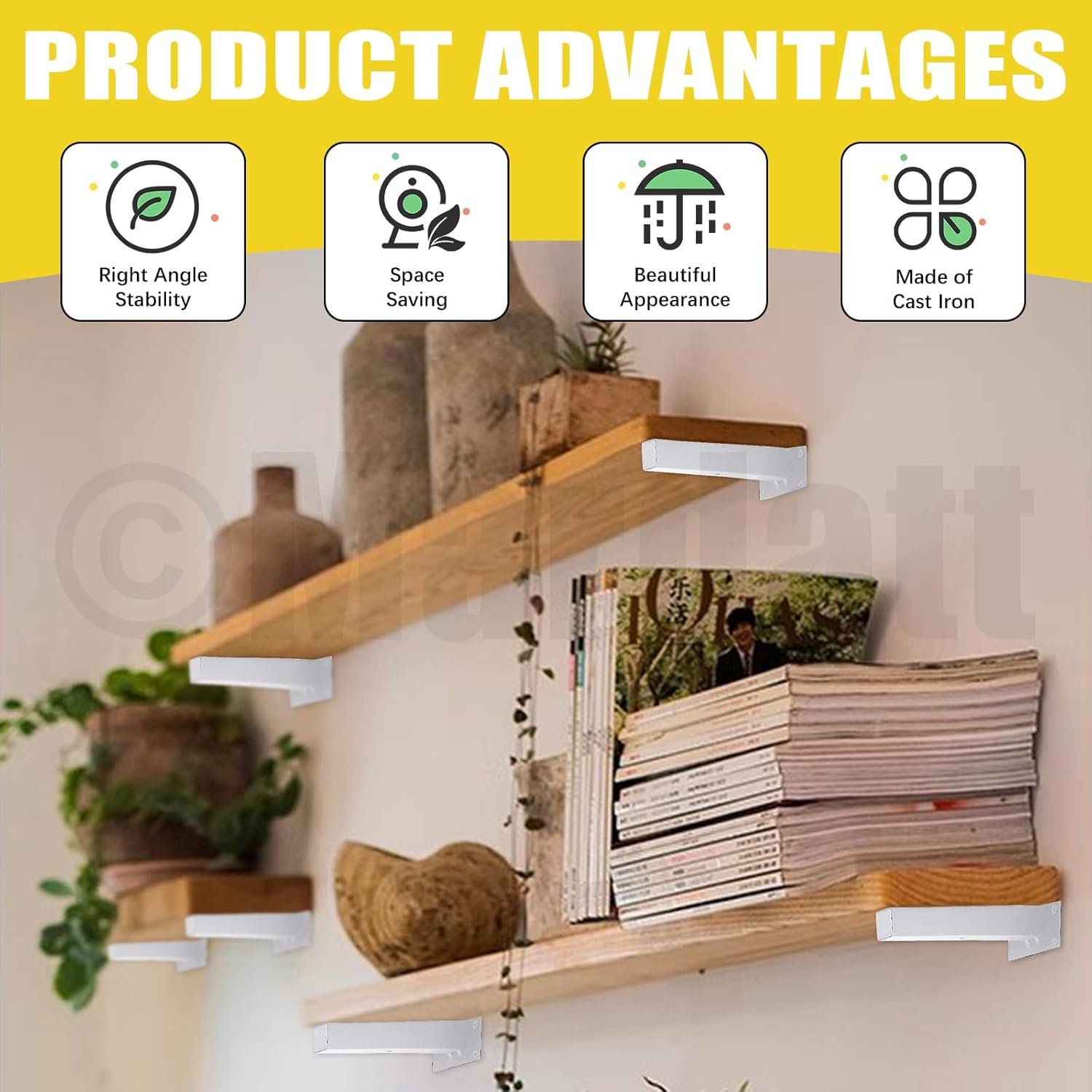 Mardatt 4Pcs 8&rdquo; White Shelf Bracket with Screws and Anchors, Floating Shelf Brackets Heavy Duty Shelf Supports Mounted Shelf Brackets Hidden L Shelf Bracket for Shelves Support image number 1