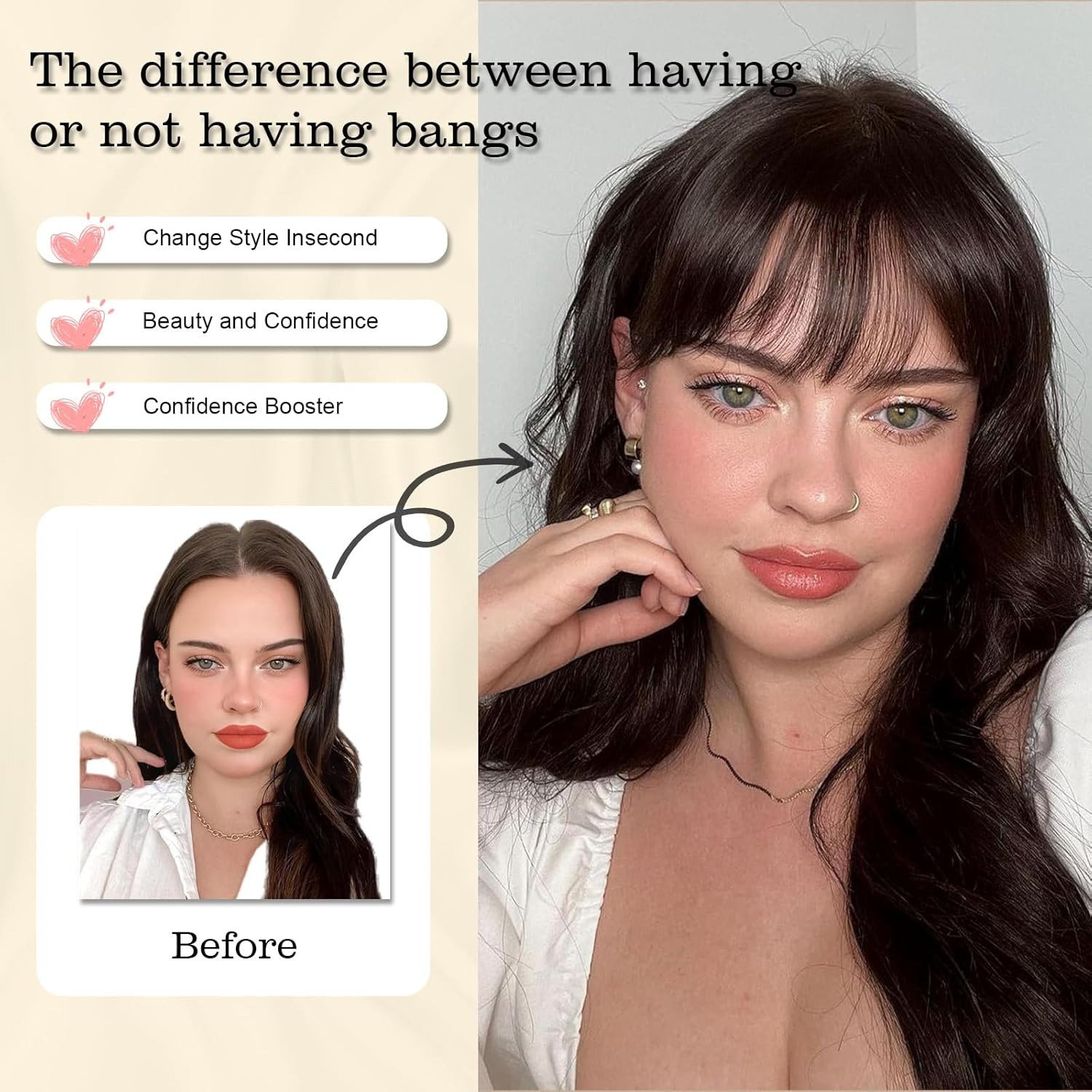 Clip-In Fringe Real Hair Piece with Clip, 360&deg; Coverage, Bangs Clip In, Hair Pieces for Thin Hair, Real Hair Fringe for Women, Mocha Brown image number 2