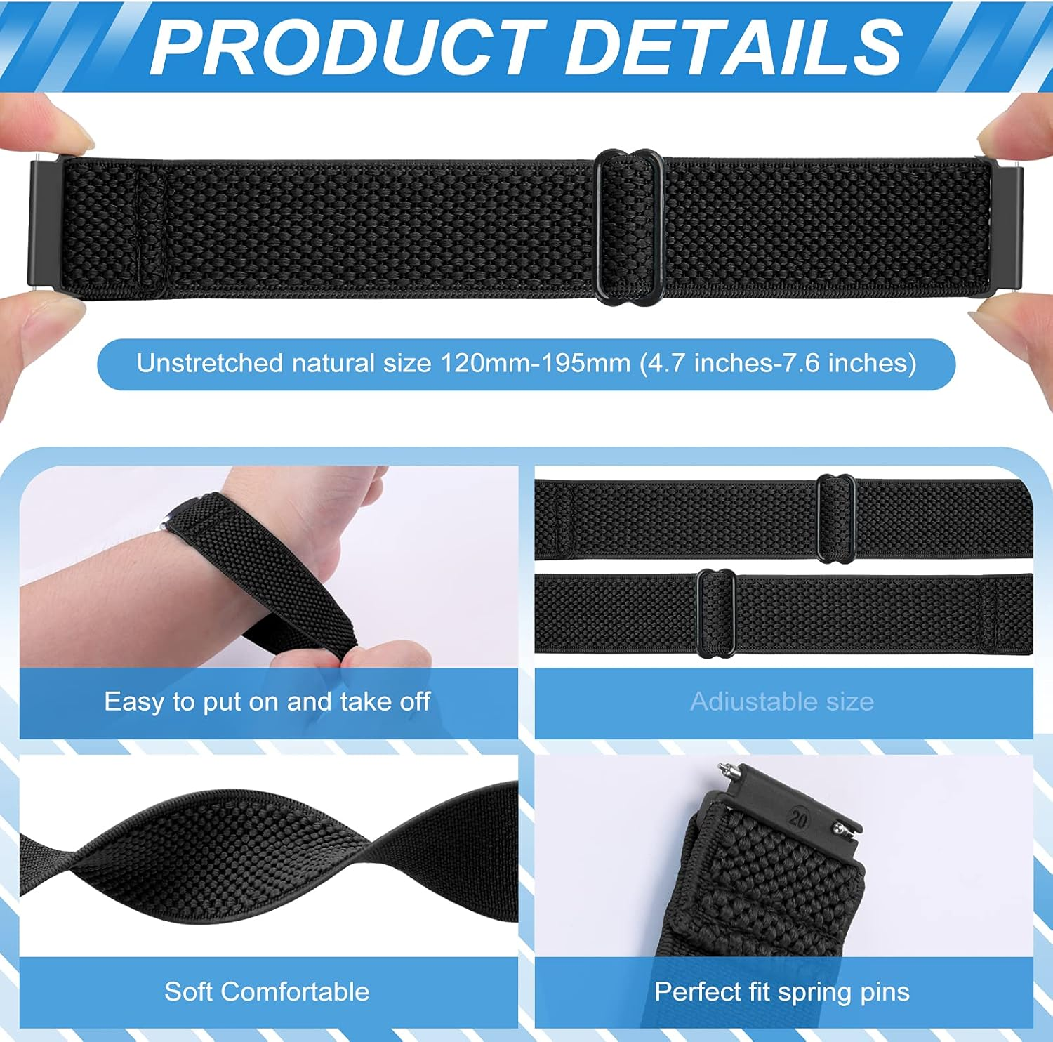 Puhuite Stretchy Nylon Band for Samsung Galaxy Watch 6/5/4,Galaxy Watch 4/6 Classic,Garmin Vivoactive 5/Vivoactive 3,Garmin Venu 2 Plus/Venu Sq/Venu Band,Garmin Forerunner 645/245 Music Elastic Band