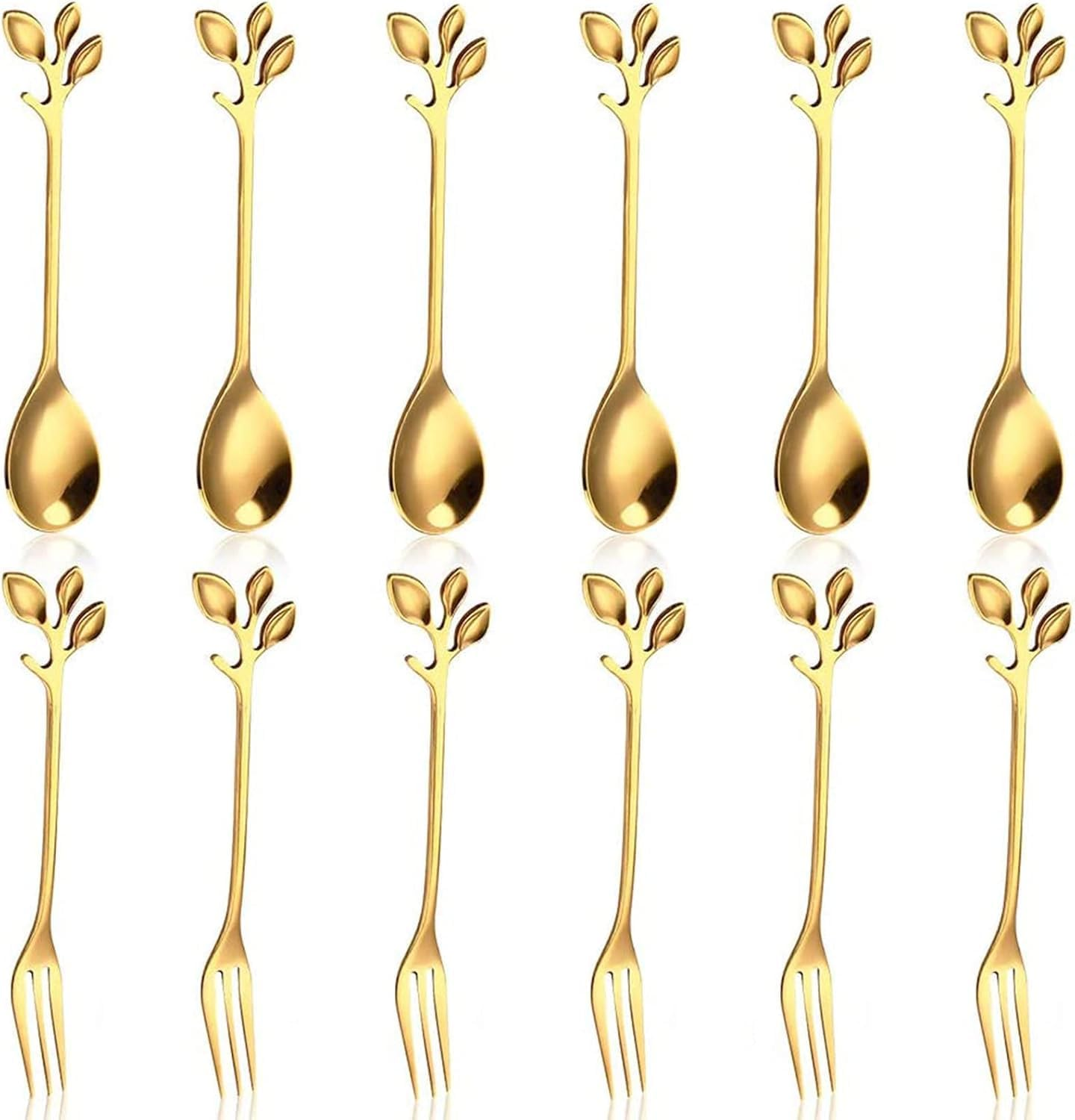 12Pcs Gold Leaf Coffee Spoon, Betterjonny Spoons and Fork Fruit Forks Stainless Steel Mini Creative Tableware for Sugar Cake Ice Cream Tea Stirring Tea image number 4