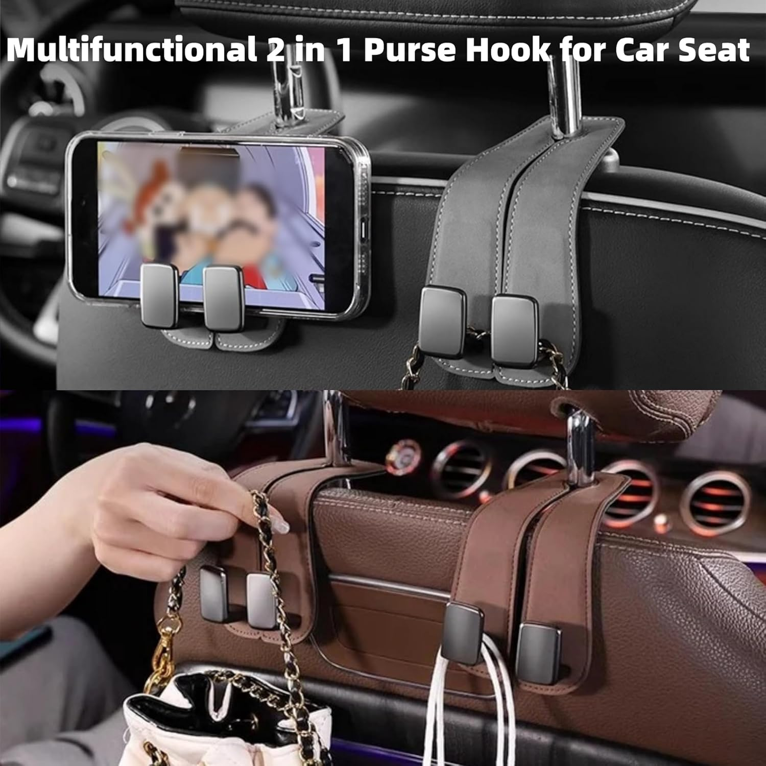 Car Seat Back Double Hook - Suede Hook, Upgraded 2 in 1 Purse Hook, Universal Hidden Multifunctional Headrest Hooks for Car, Home (Brown, 2Pcs) - Brown image number 2