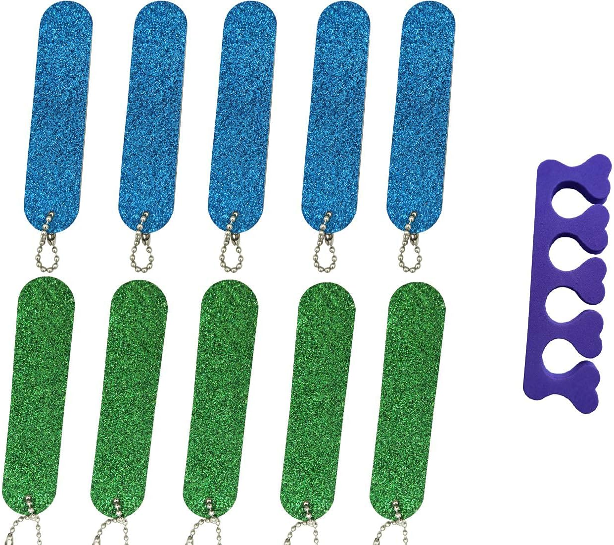 VOSAIDI 10 Pcs Professional Nail Files Nail Tool Shining Blue and Green Mini Nail Colorful Files with Chain Double Sided Emery Board 180 Grit