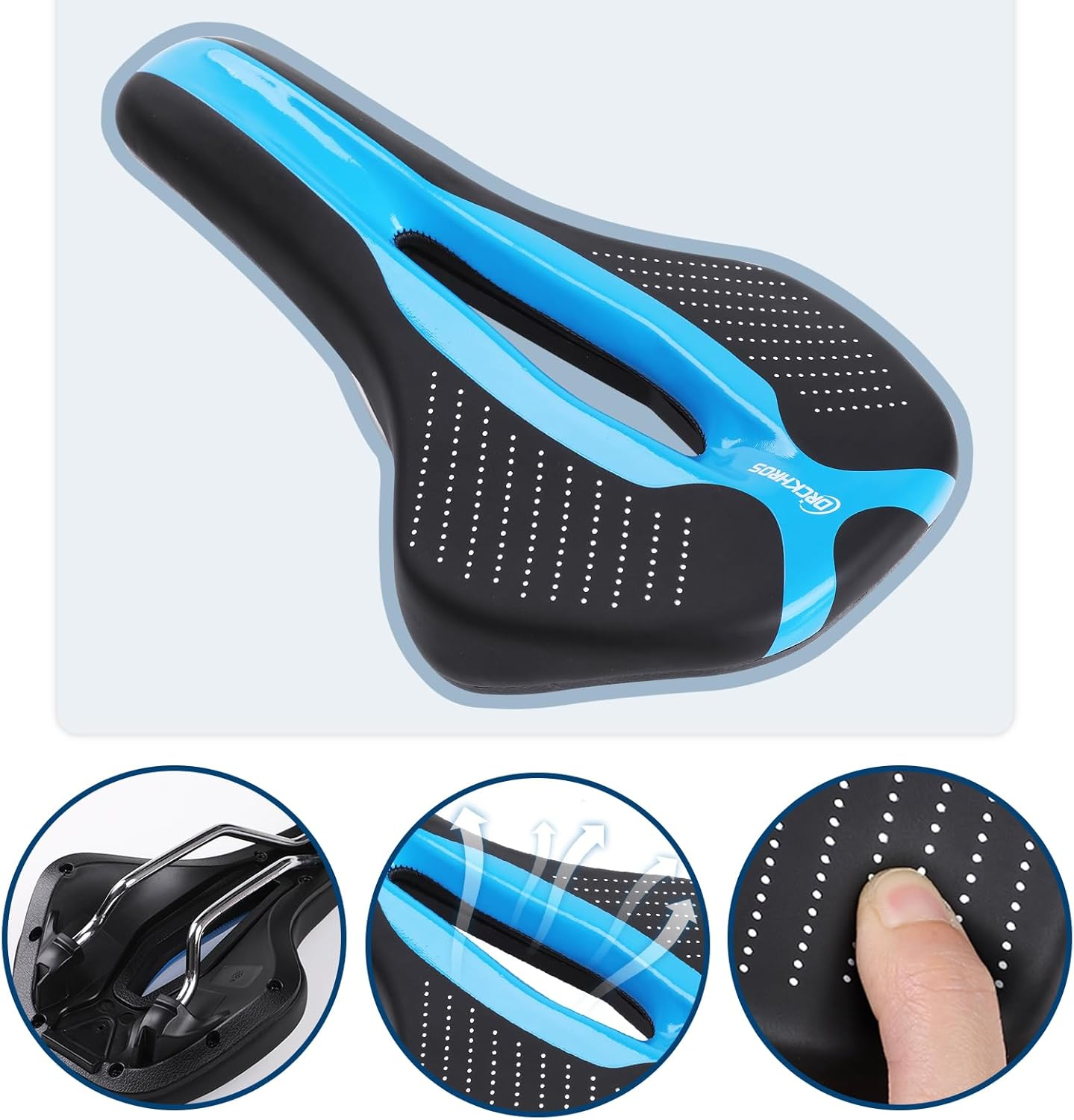 Bike Seat Bicycle Saddle with Light Buckle, Secpeak Ultra Comfortable Ergonomic Waterproof Breathable Bicycle Seat Cushion with Installation Tool and Rain Cover - Black+Blue image number 3