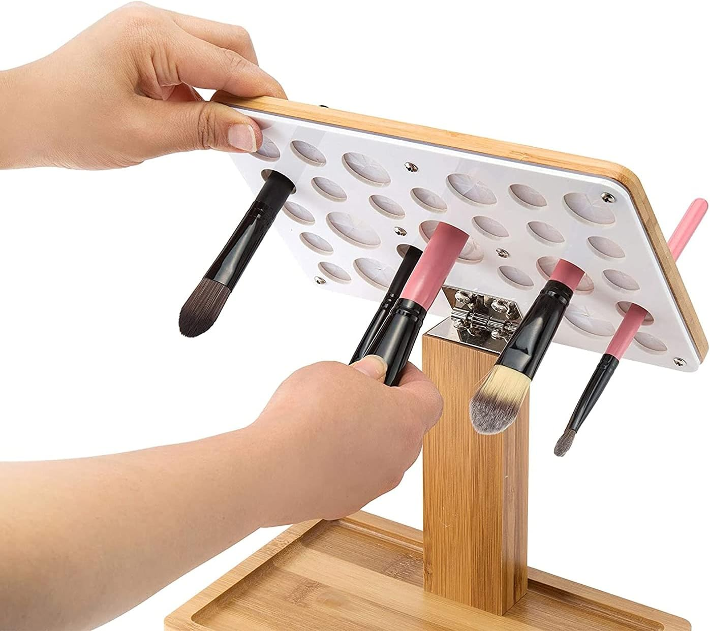 Jackcubedesign Bamboo Brush Makeup Cosmetic Air Drying Rack Tower Acrylic Folding Brushes Dryer Holder Display Organizer Tower Stand Support Tray(26 Holes 7.87 X 5.12 X 6.3 Inches) ? :MK288B image number 2