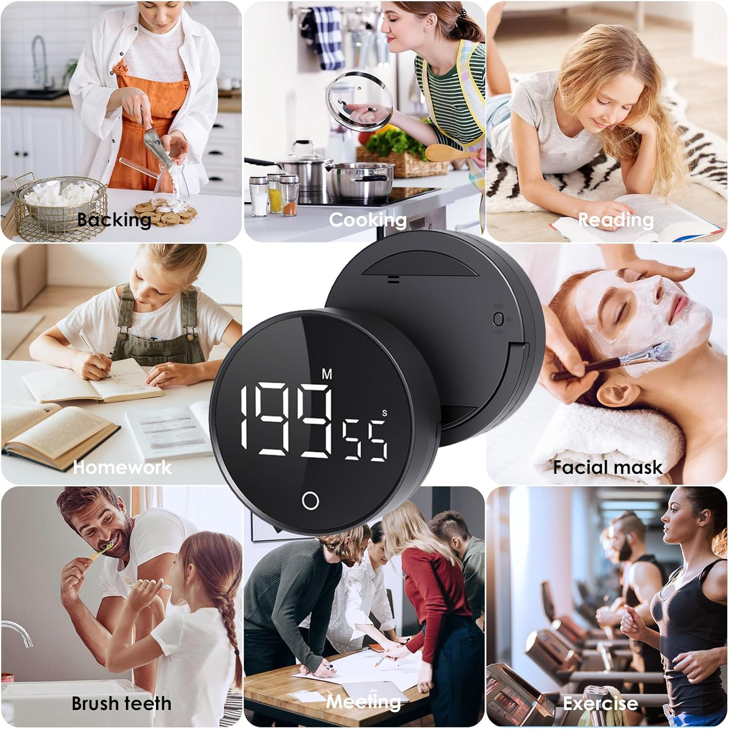 Simpeak Digital Kitchen Timer Classroom Timers, Rechargable LED Visual Timer from 0 to 199 Minutes, 3 Alarm Volume, Magnetic Countdown Countup Timer with Stand for Cooking Baking Workout Study image number 4