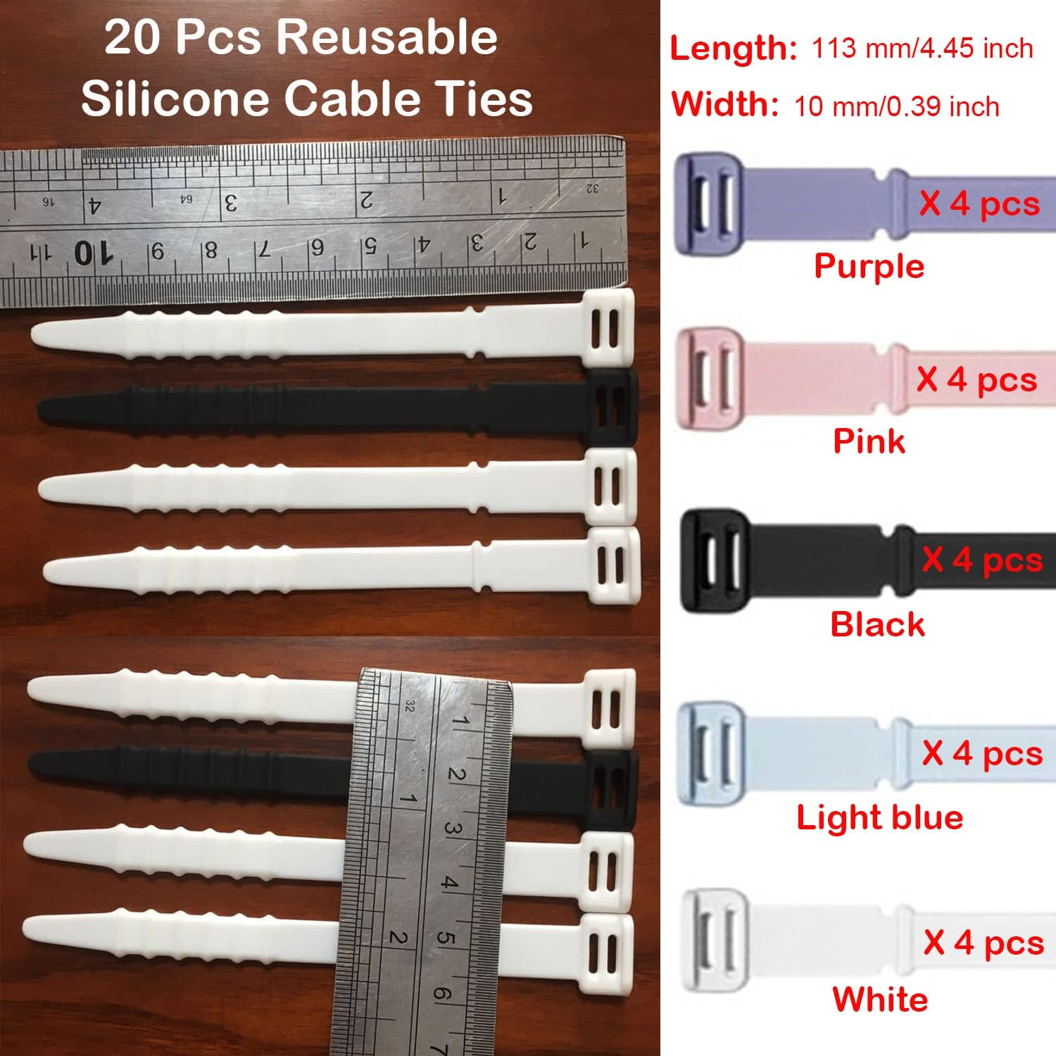 Taicols Zip Ties, 20 Pcs Reusable Silicone Cable Ties, Adjustable Strap Wire Management, Cable Organiser Straps, Cable Straps for Wire, Elastic Cable Organizer for Home Office Table Desk(5 Colors) image number 5