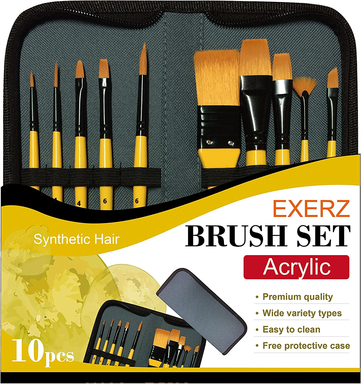 Exerz Acrylic Paint Brush Set 10 Pcs Synthetic Hair Artist Professional Brushes in a Travel Case/Perfect for Acrylic Watercolour Gouache & Face Paint - Acrylic image number 5