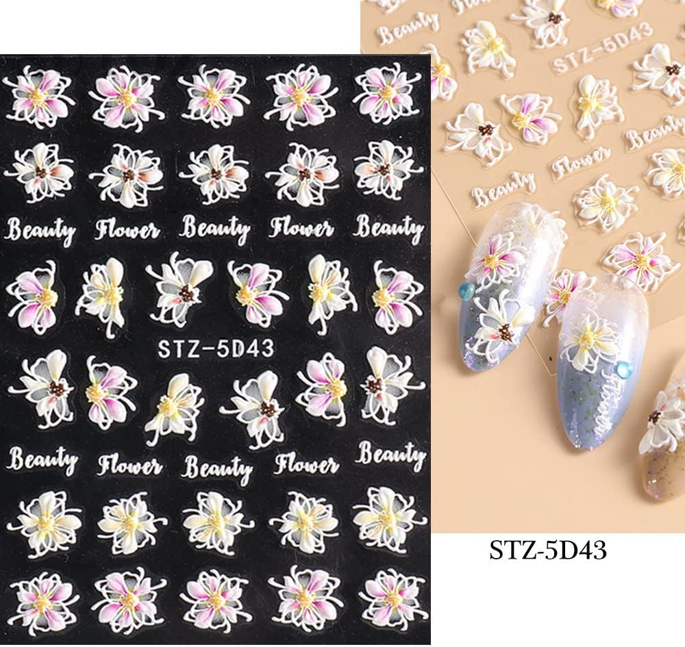 3D Embossed Flowers Nail Art Stickers Decals 4 Sheets 5D Self-Adhesive Pegatinas U&ntilde;as Pink Cherry Blossoms Nail Supplies Nail Art Design Decoration Accessories image number 2