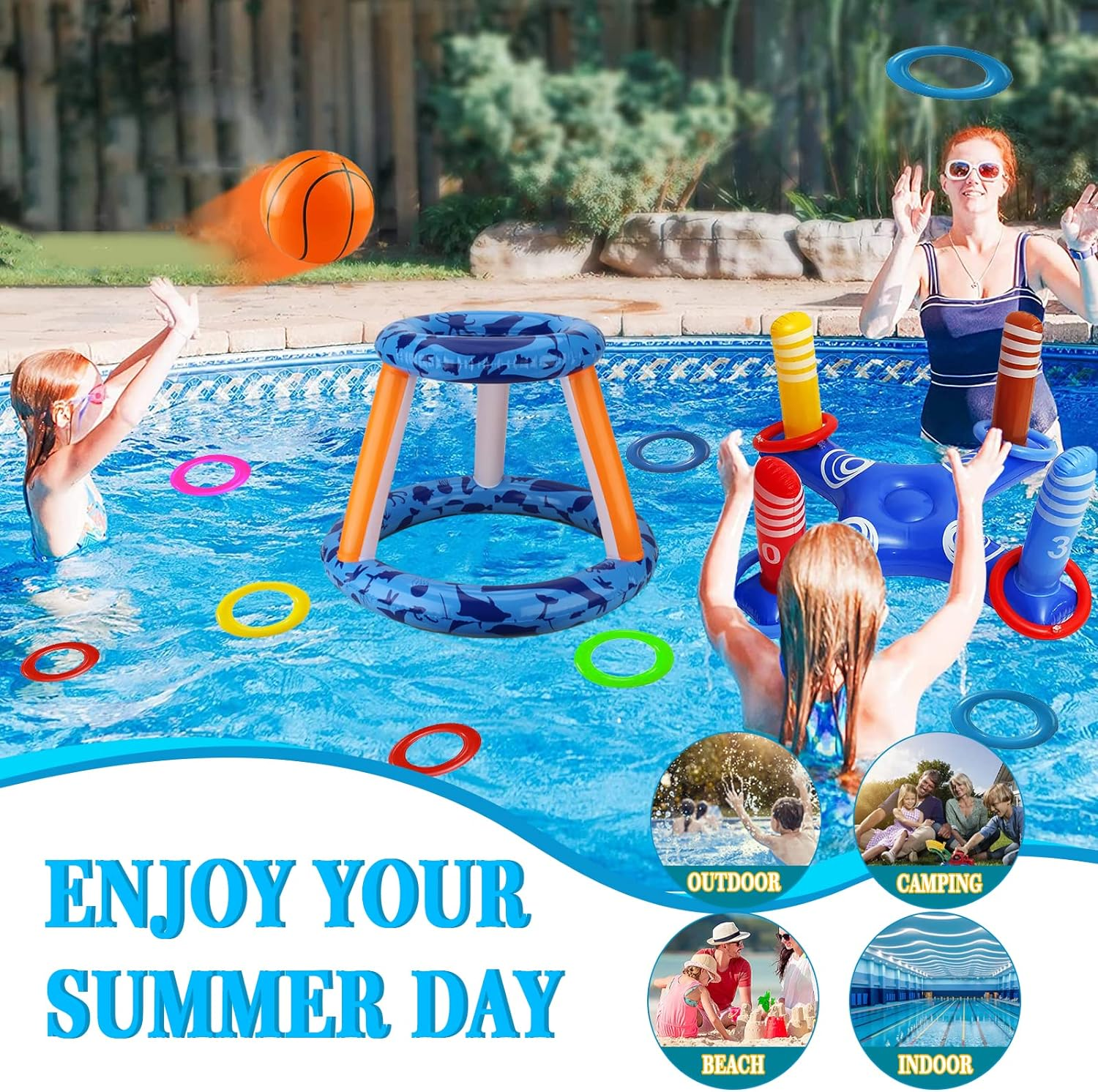 Pool Toys Games Set, Inflatable Pool Basketball Hoop & Ring Toss Game, Summer Water Games Pool Toys for Swimming Pool Party, Fun Swimming Water Sport for Kid, Teens, Adults and Family image number 5