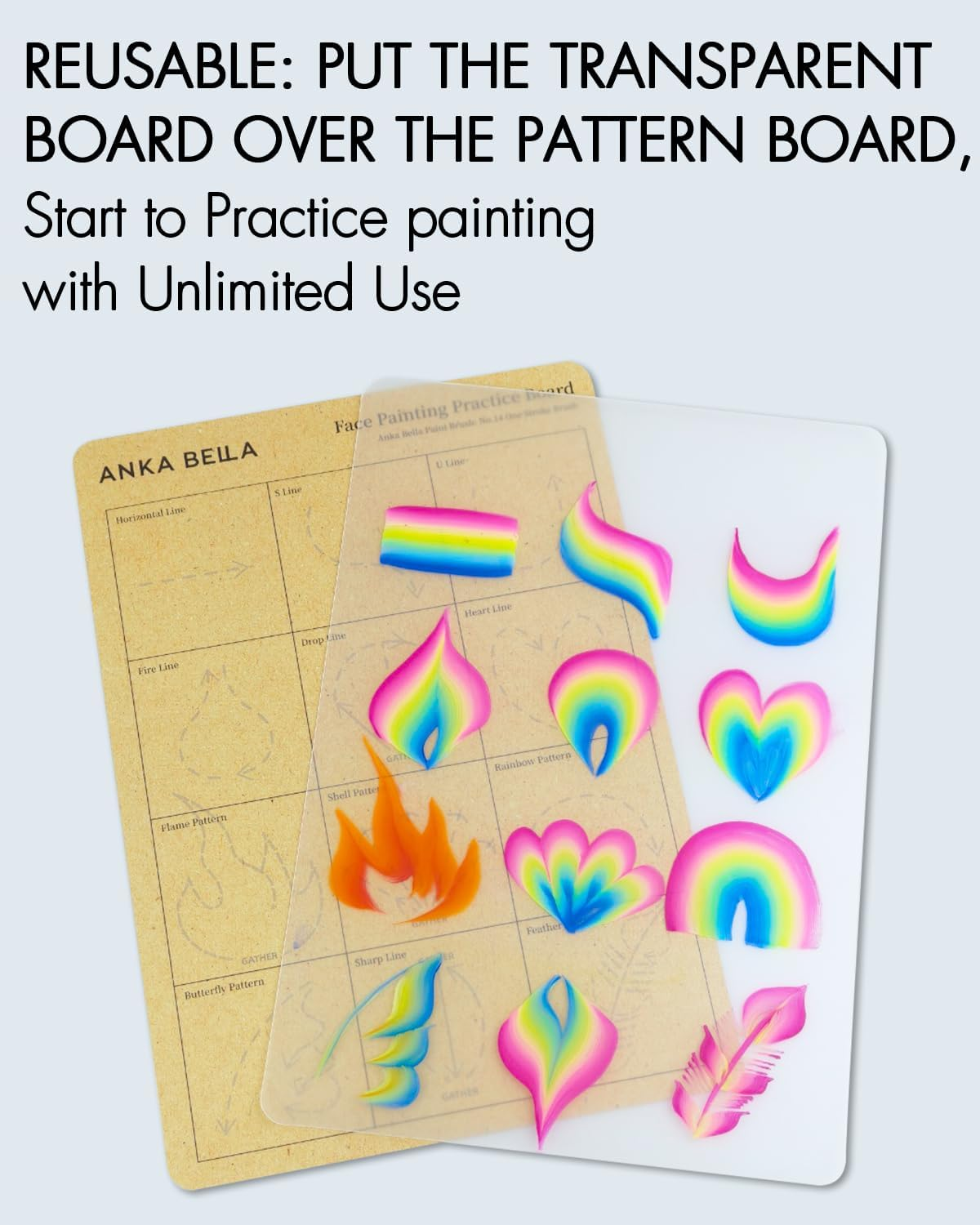 Anka Bella Reusable Face Paint Practice Board,7Pcs Face Painting Practice Sheet with Various Patterns,One Stroke Excersize Template A4 Size image number 1
