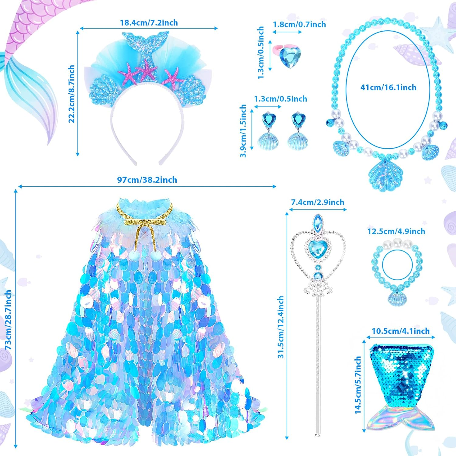Princess Dress up Toys Princess Dress up Clothes Rainbow Mermaid Cape Kit 9 Pcs Gift Set for Little Girls 3-8 Years Old (Blue) - 7 - Light Up Rainbow Multi-Color image number 5
