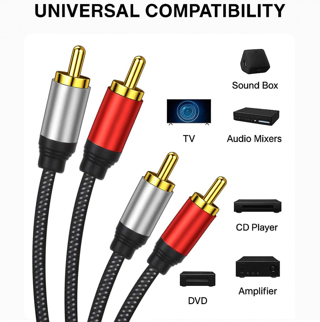 SSS&middot;GRGB 2RCA to 2RCA Audio Cable 33FT Gold-Plated Male to Male Stereo Subwoofer Cable, Nylon-Braided Hi-Fi RCA Cables for Home Theater, Car Audio, Amplifiers, Speakers (Dual Shielded Copper Core) image number 5